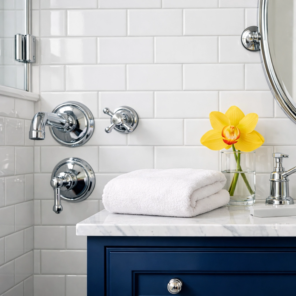 Deep cleaned luxury bathroom in a Boston brownstone with sparkling white tiles and chrome fixtures.