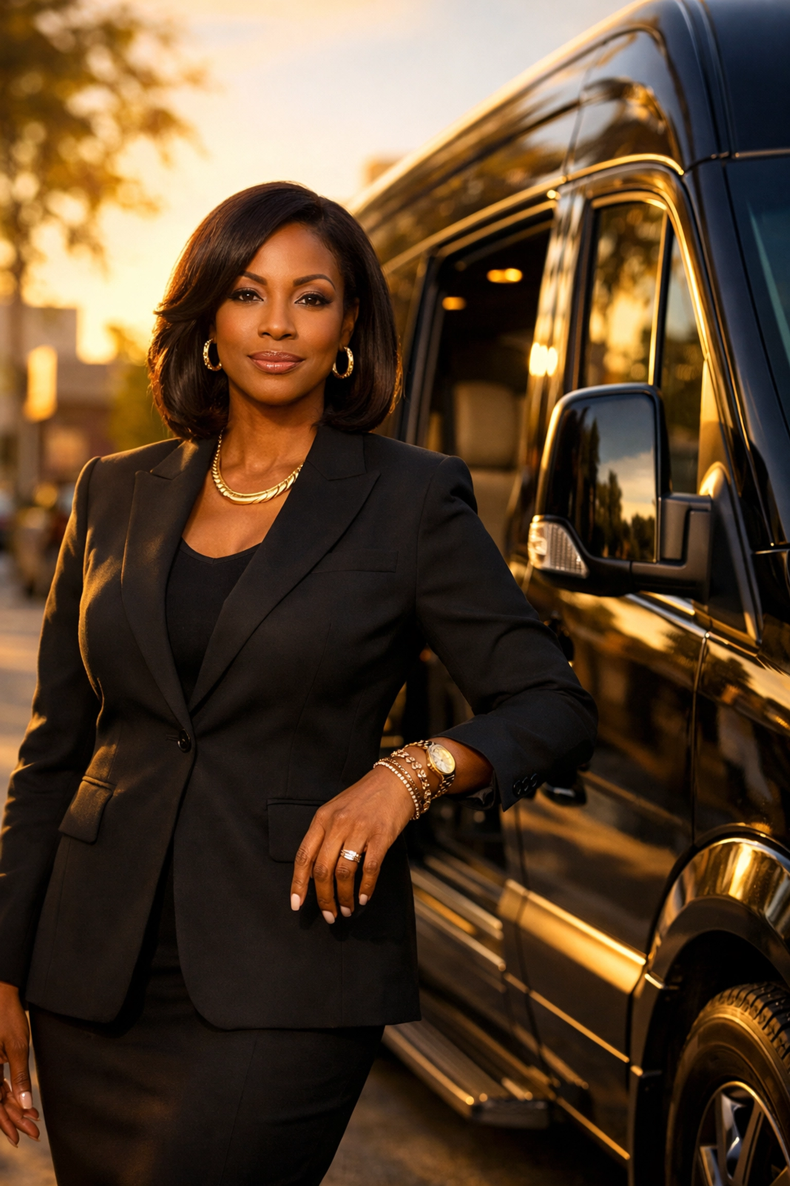 Black female CEO of Safe Way Community Travel standing by a luxury transport van in a city.