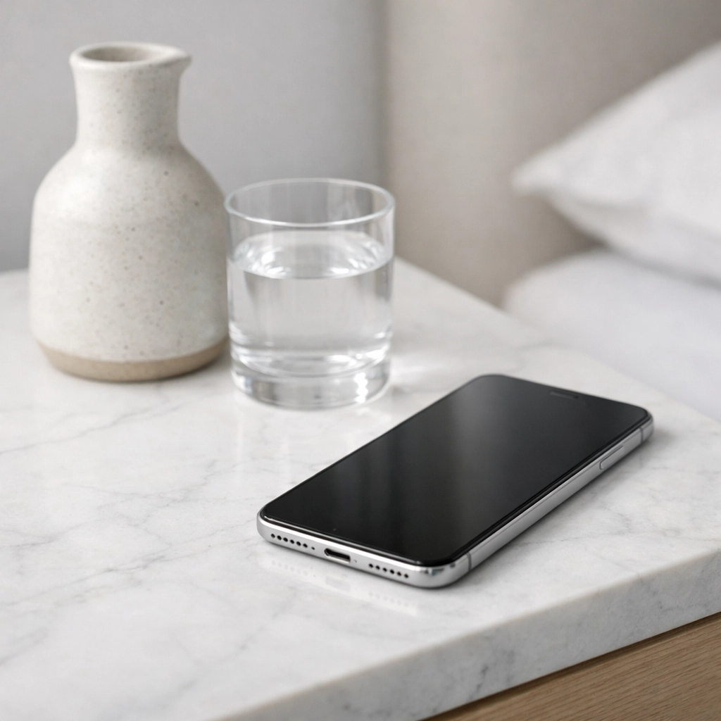 A smartphone on a marble table showing frictionless digital guest communication and AI concierge services.