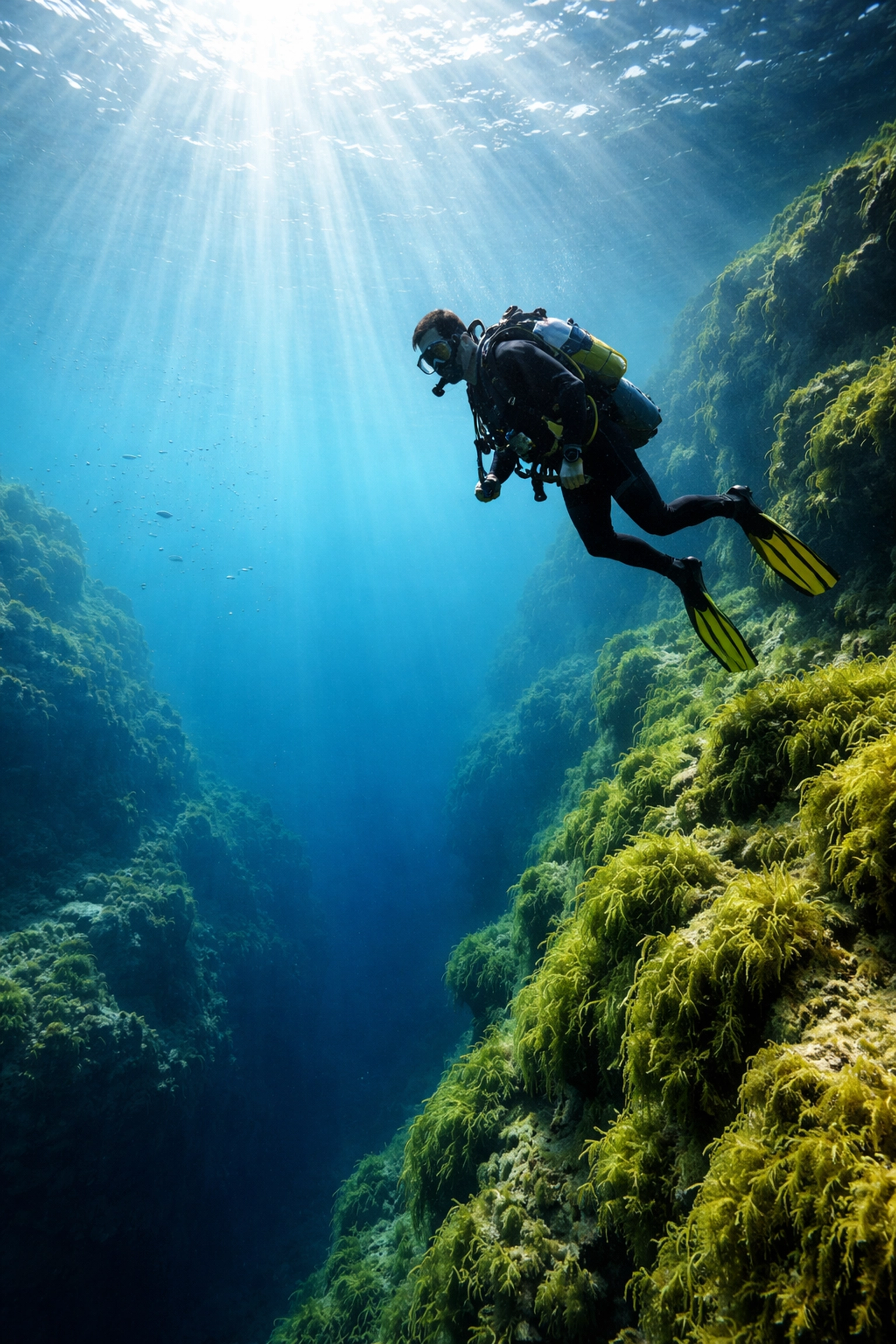Taucher auf 25 Metern über Felsformation bei Tageslicht – AOWD Ausbildung und Tieftaucherlebnis am Goitzschesee