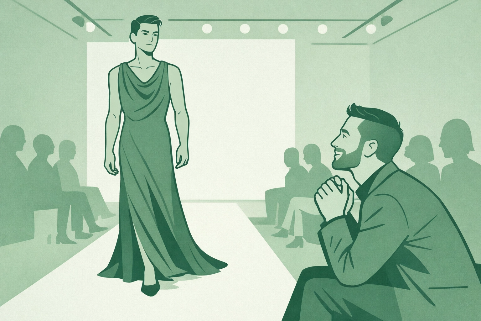 Gender-fluid fashion runway with gay man modeling elegant gown confidently