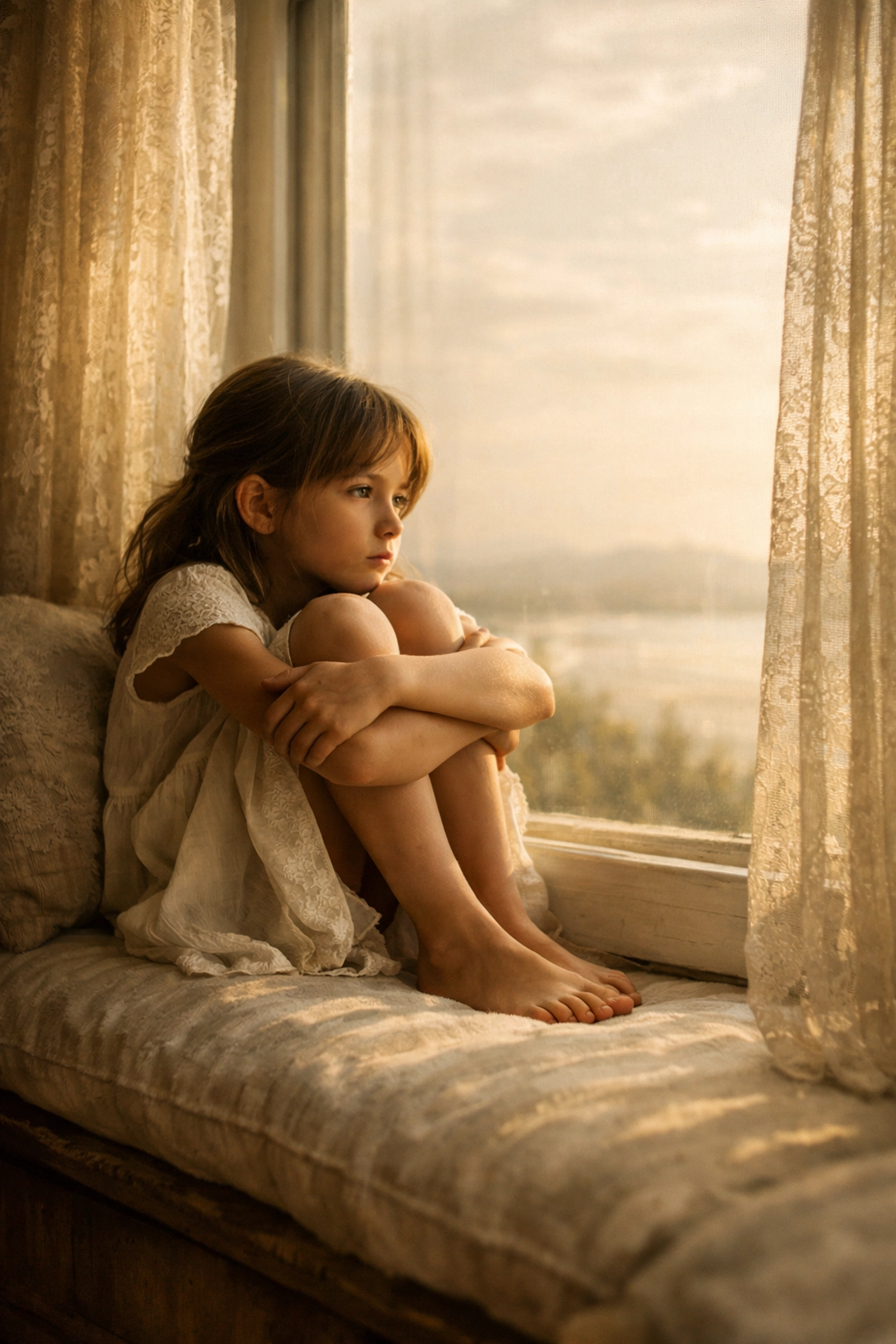 Young girl sitting alone by a window, symbolizing childhood loneliness and the start of self-care for women.