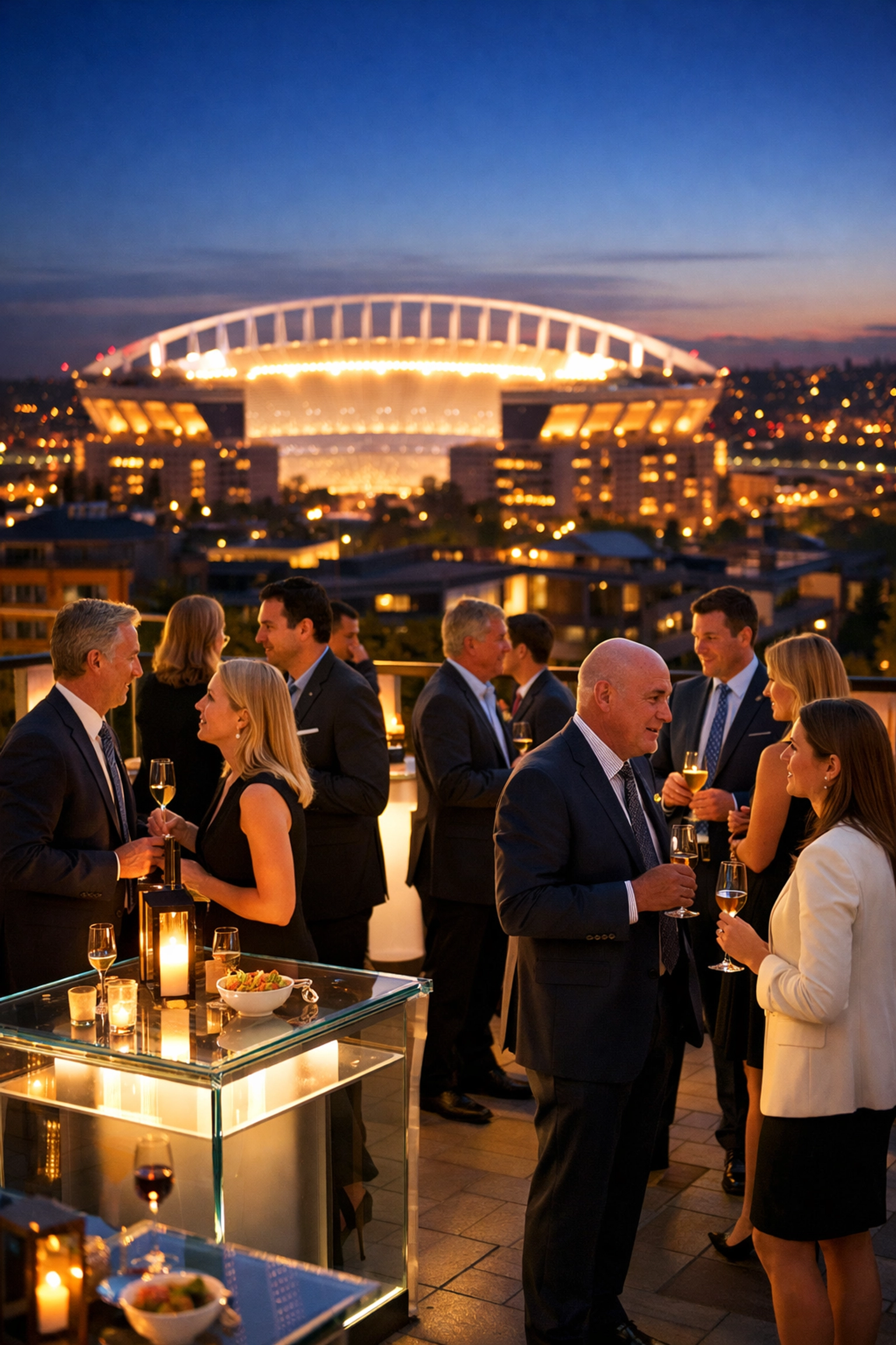 Corporate networking event at a rooftop lounge with a view of the Super Bowl stadium.
