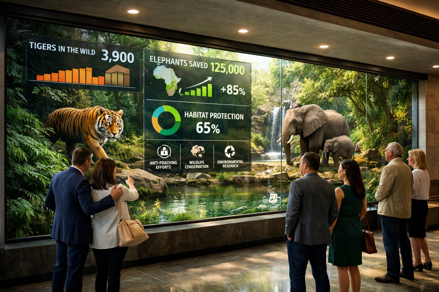 Professional digital signage at a zoo exhibit providing high engagement and brand halo effect for media buyers.
