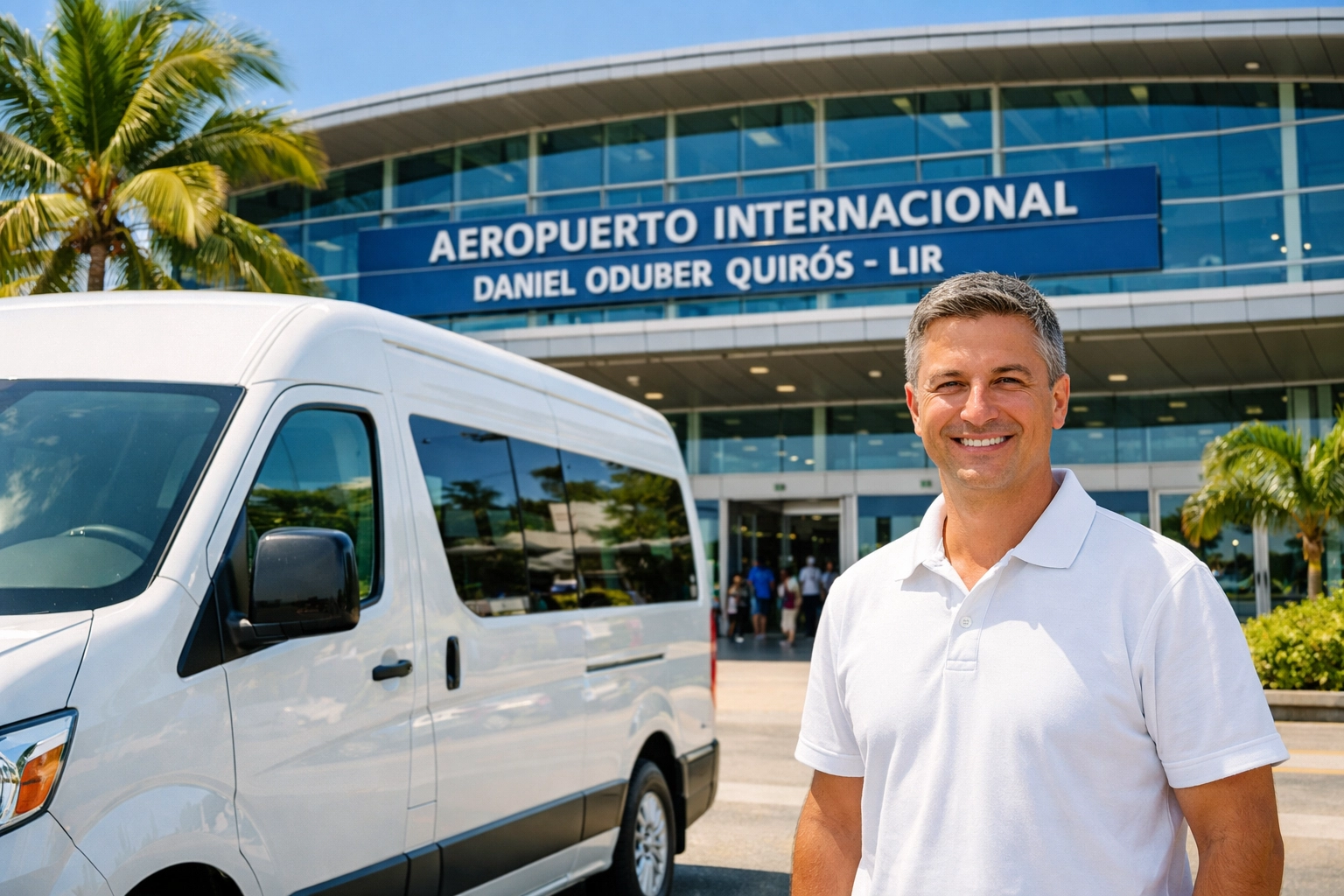 Professional driver greeting arrivals for a Liberia airport shuttle at LIR airport exit.