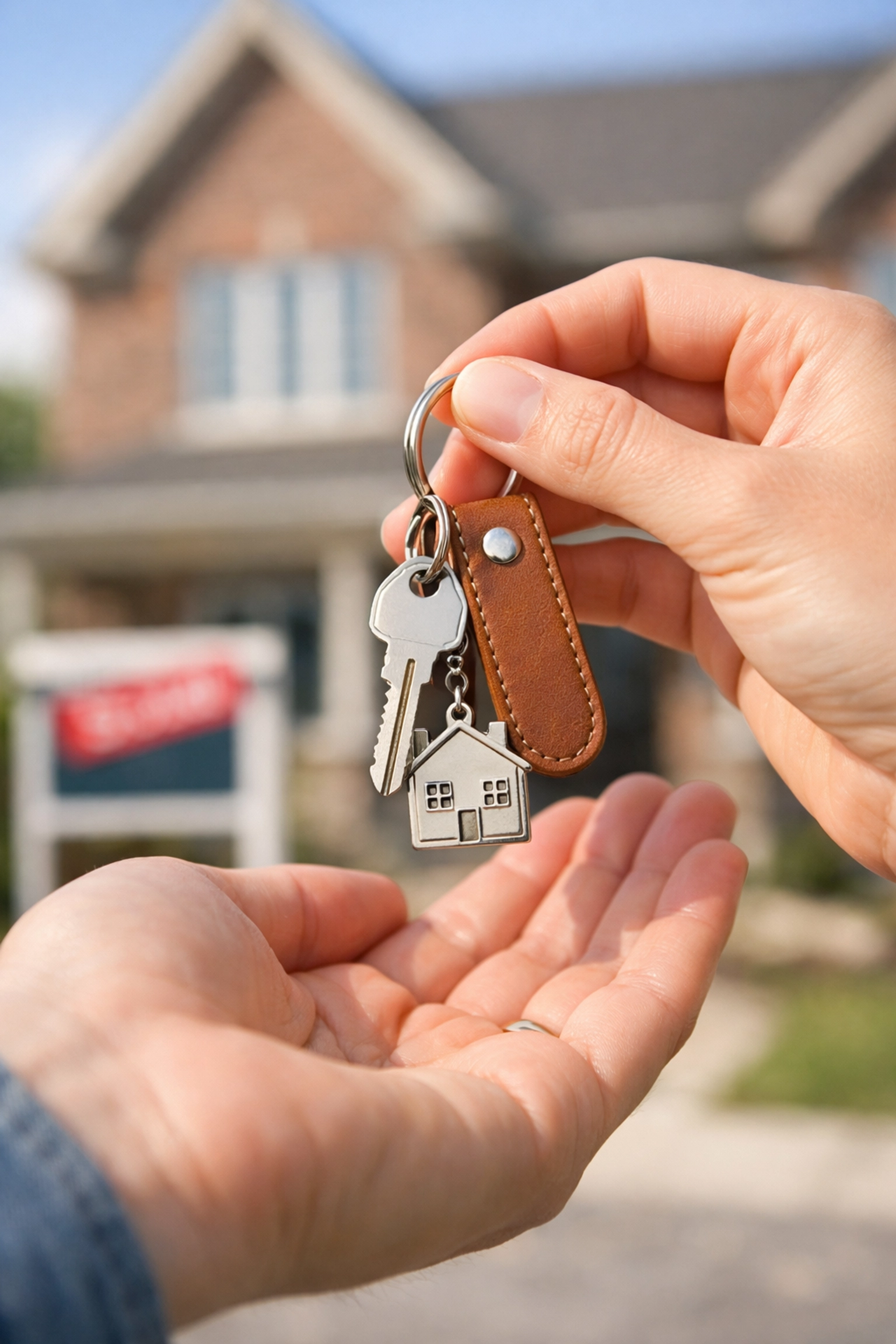 A close-up of new house keys in front of a sold home in Converse Texas for a first-time buyer.