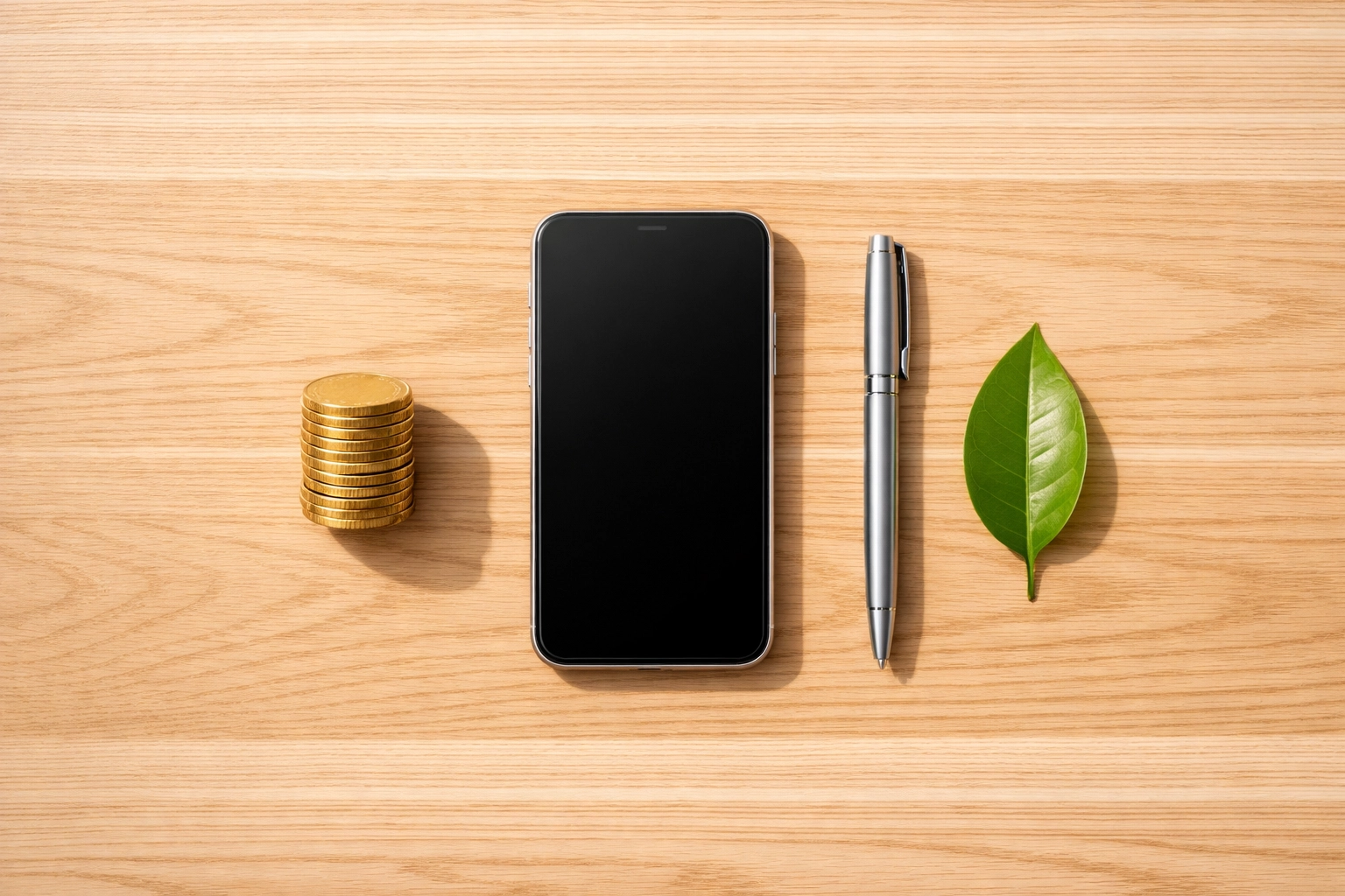 Smartphone on a desk with gold coins representing easy money management and savings.