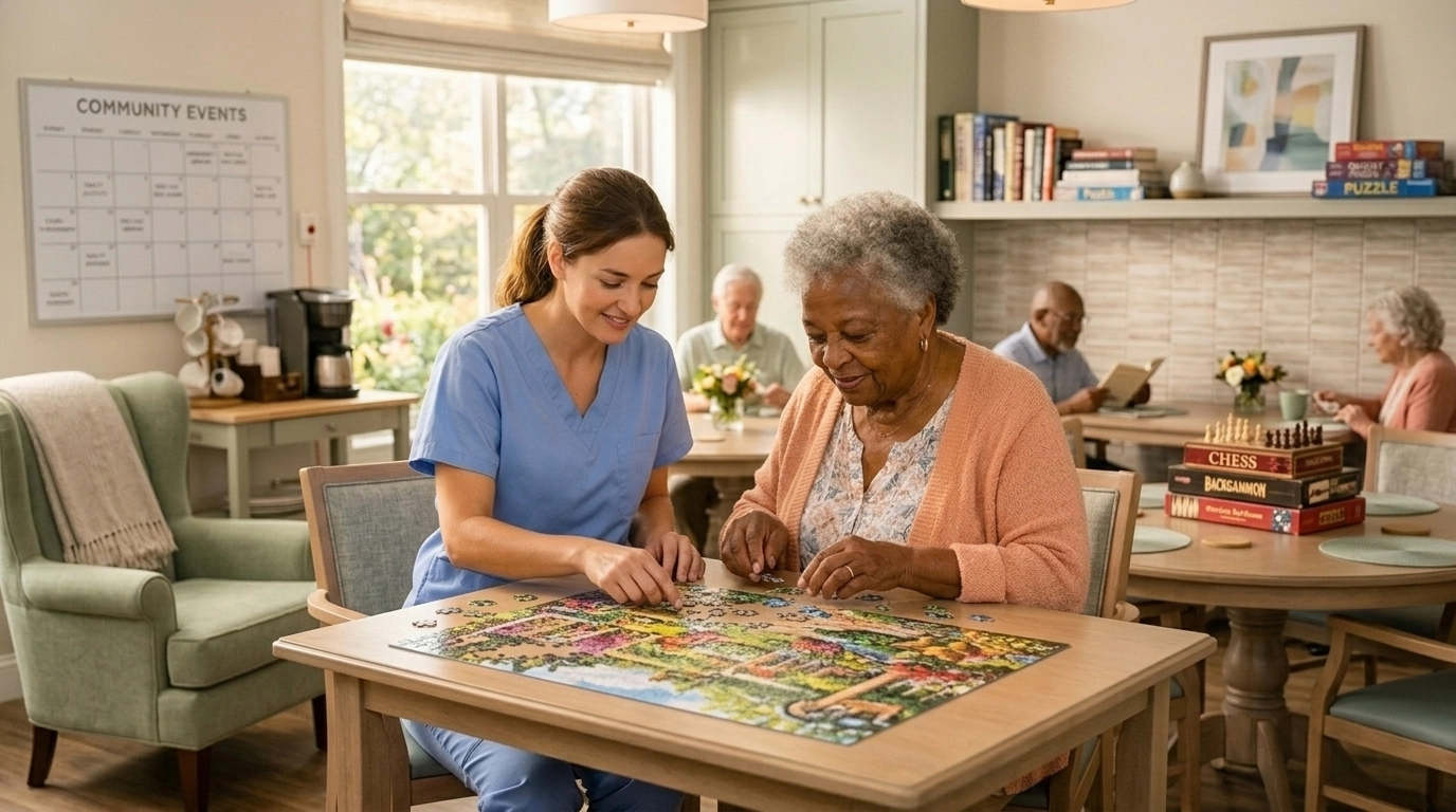 Caregiver and senior working on a colorful puzzle together in an assisted living community common area