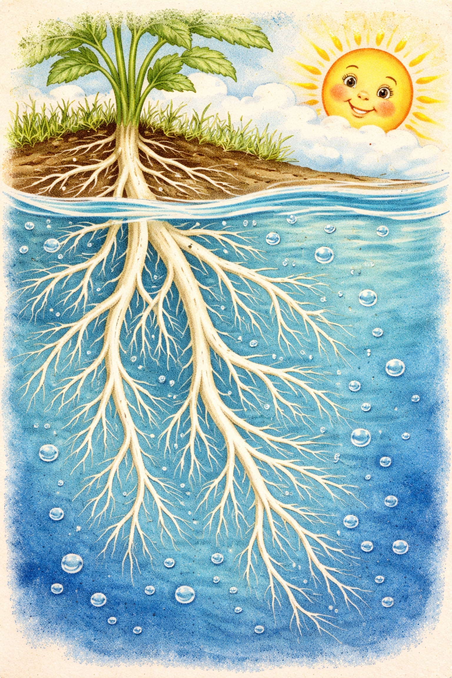 Illustration of healthy hydroponic plant roots in oxygen-rich water, emphasizing root oxygen benefits.