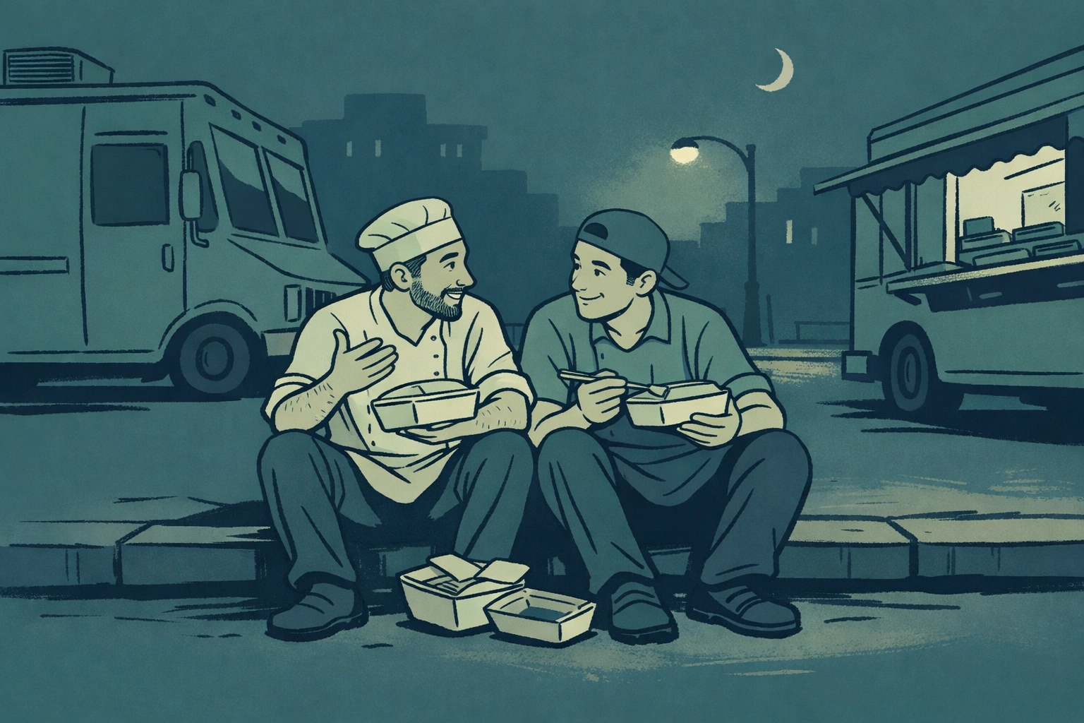 Two gay chefs sharing intimate late-night conversation between food trucks after service