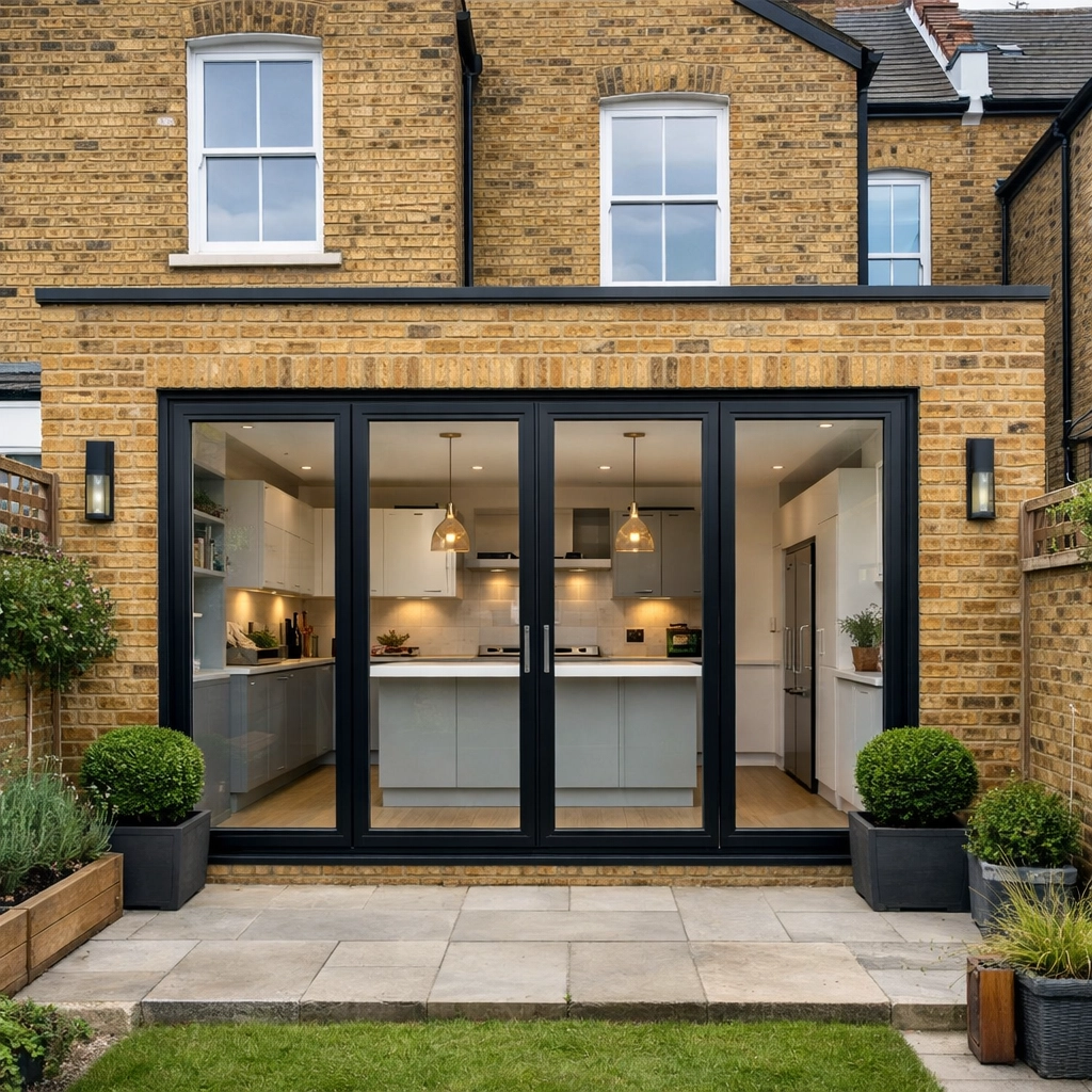 Rear kitchen extension in East London with black bi-fold doors leading to a private garden.