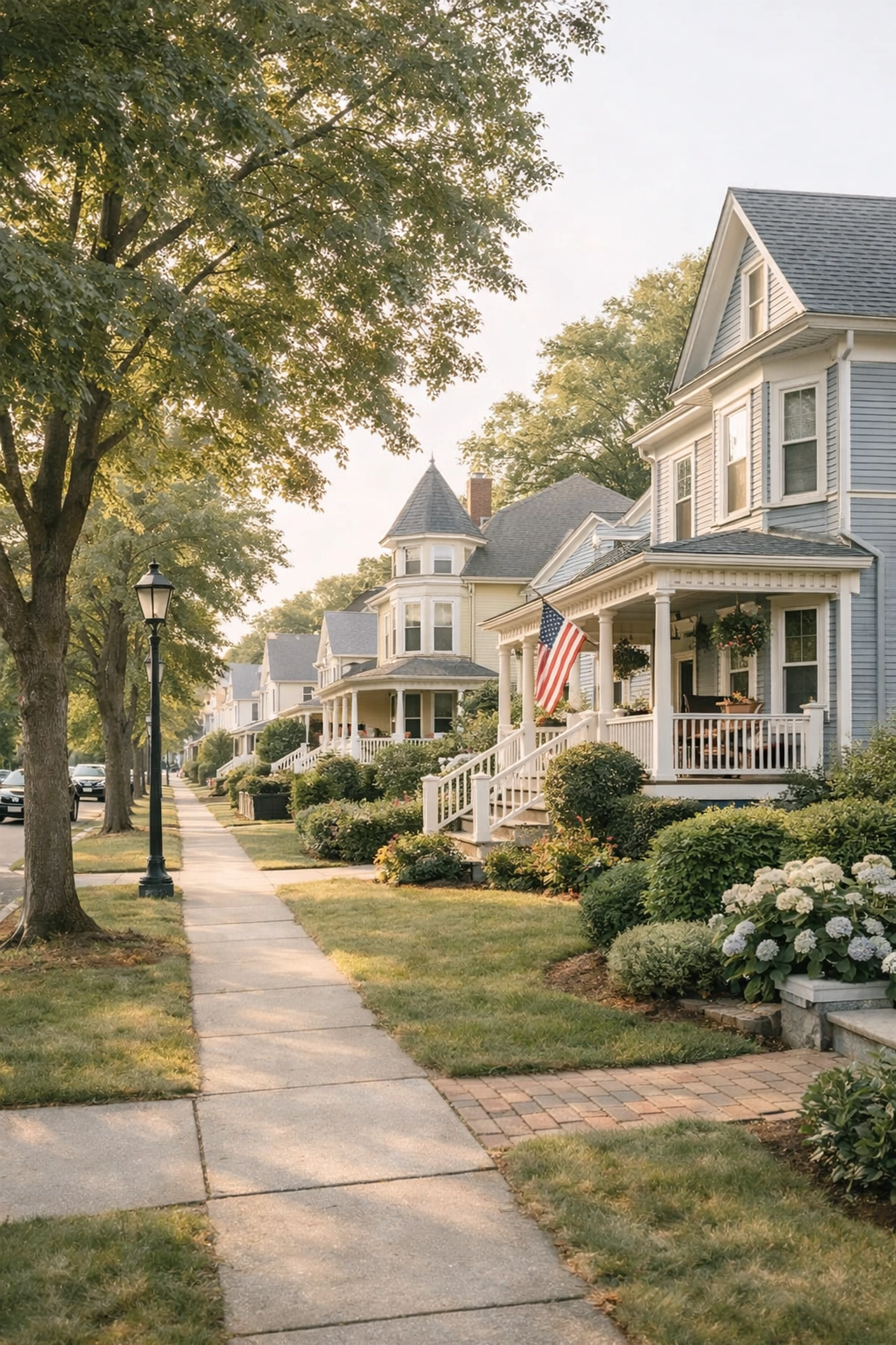 Charming residential street in Melrose MA with colonial homes and tree-lined sidewalks