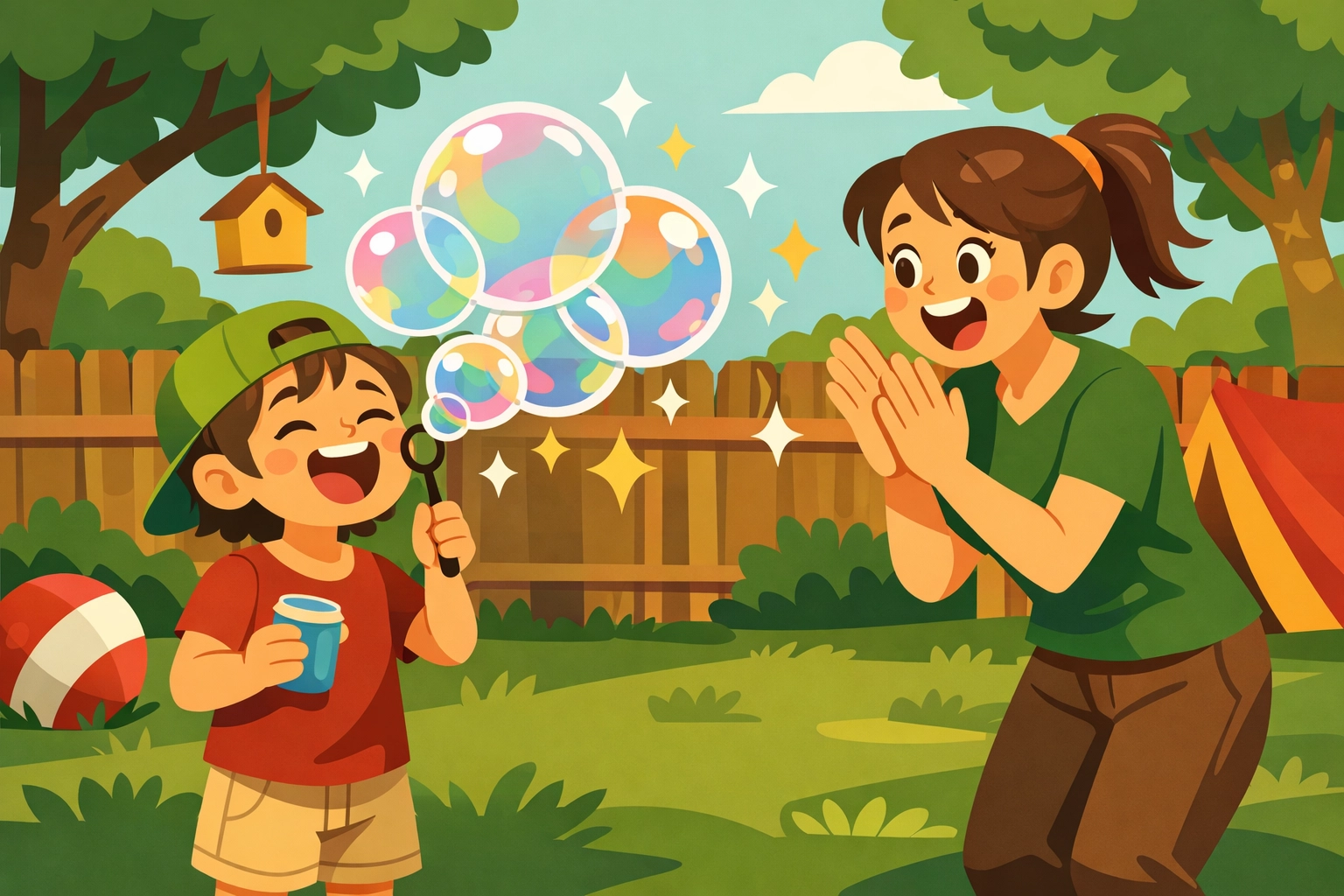 Adult using compassionate behavior therapy to immediately reinforce a child's success while playing with bubbles.
