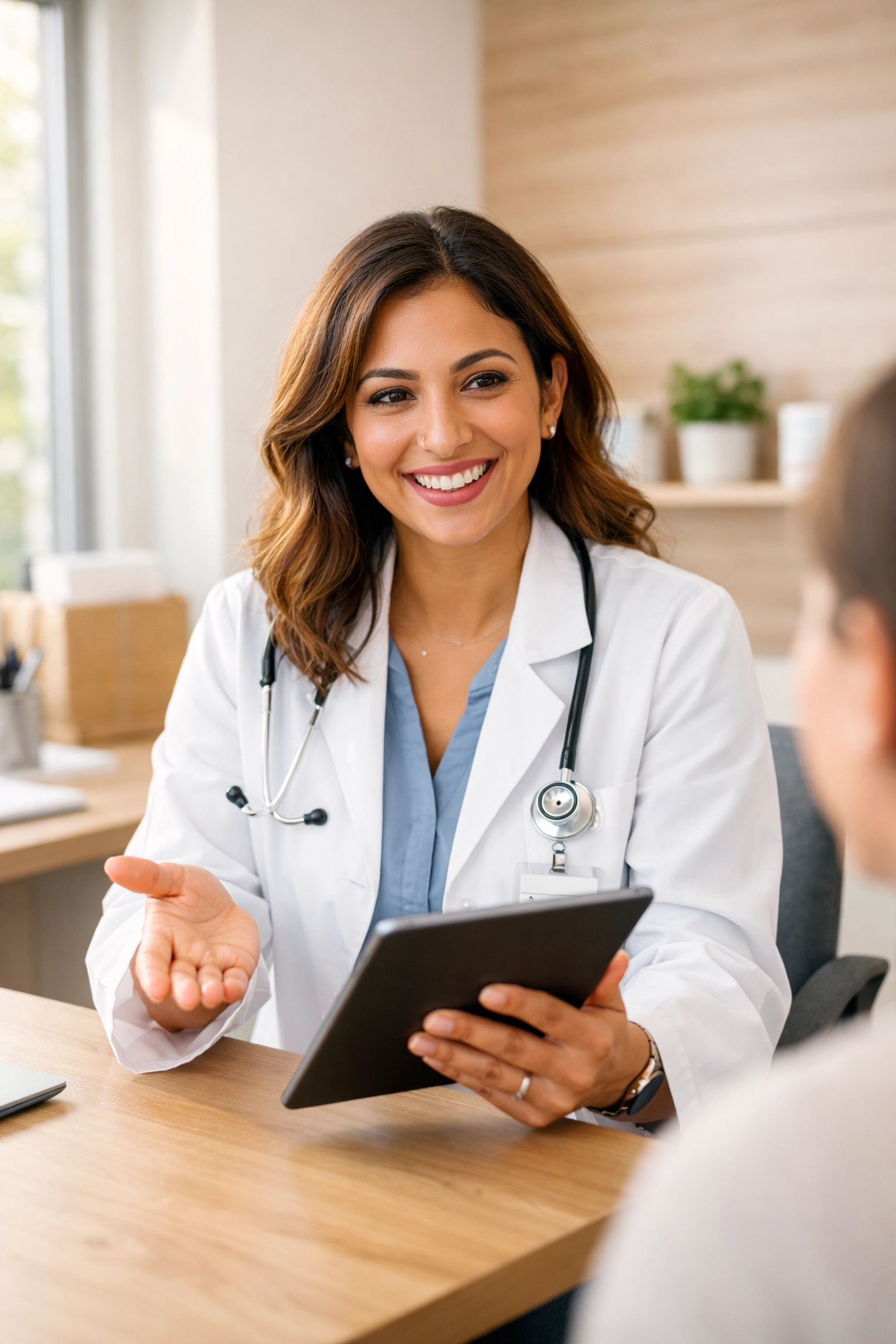 A doctor discussing Tirzepatide and Semaglutide weight loss treatment options on a digital tablet.