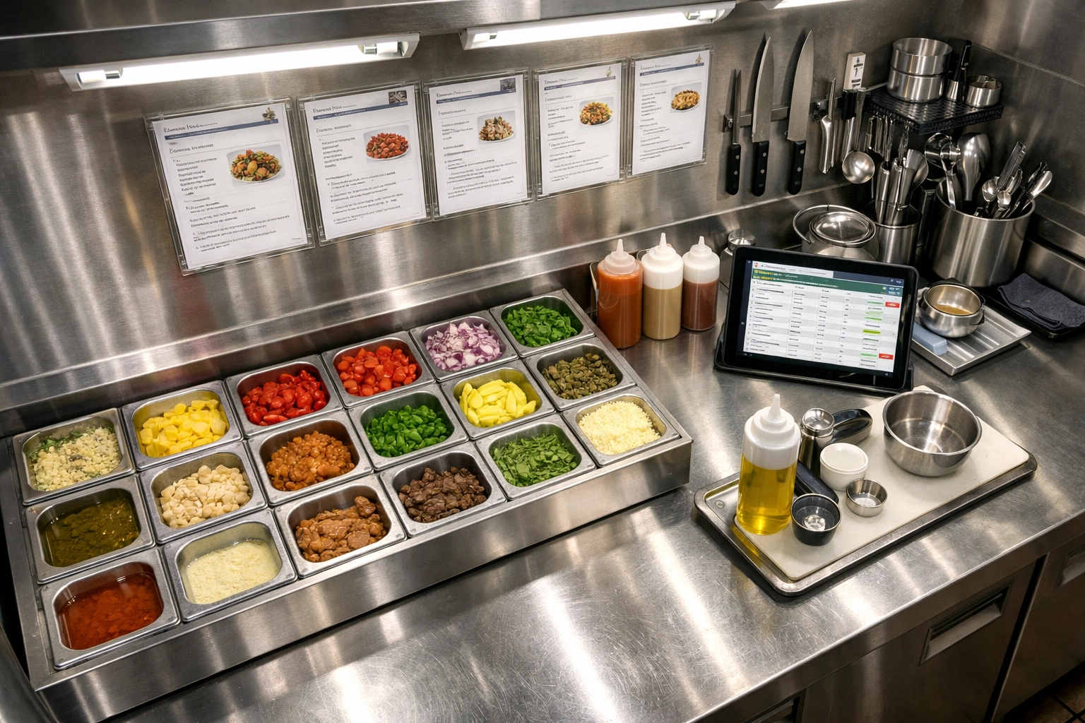 Organized restaurant kitchen with standardized systems and digital inventory management tools