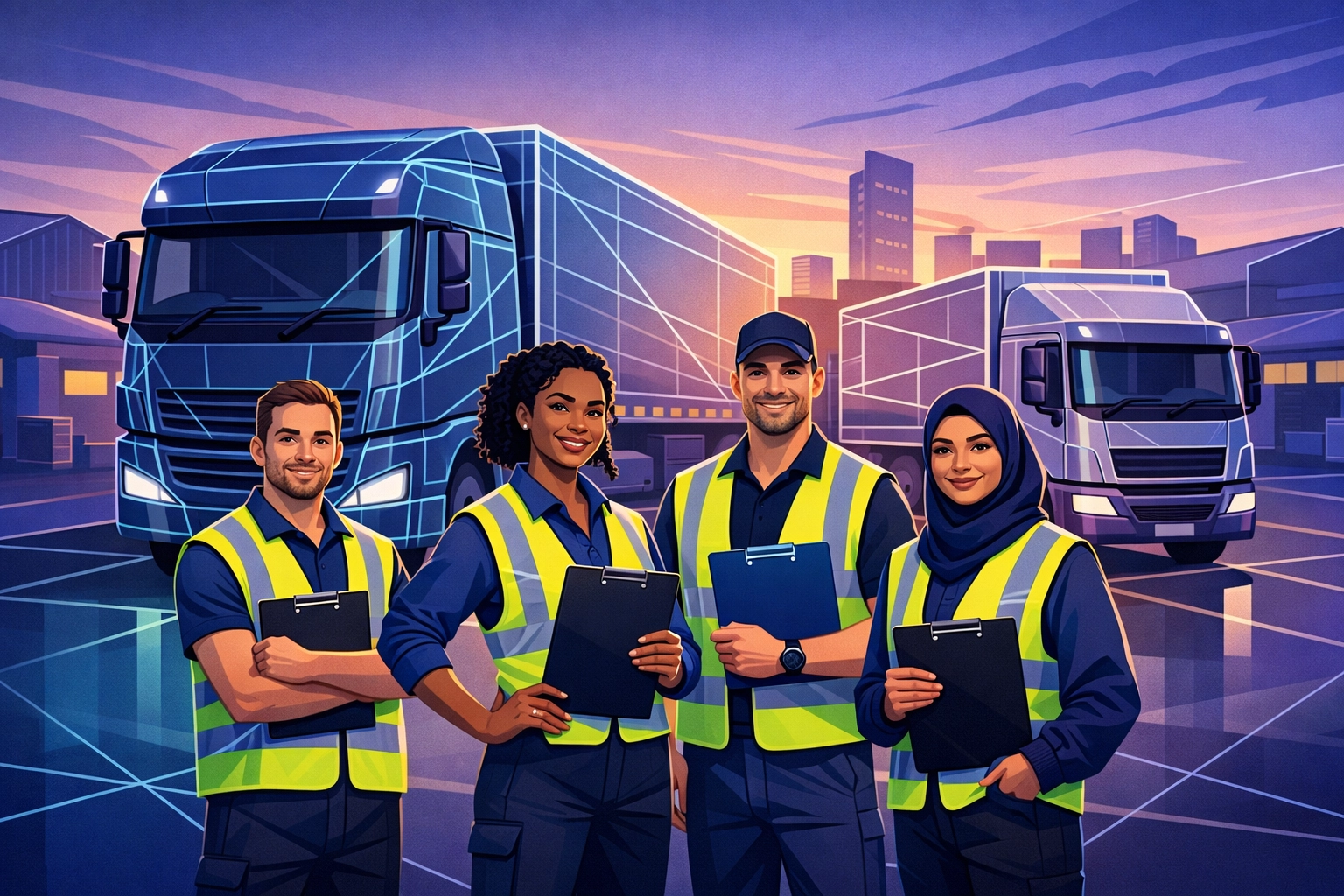 HGV drivers with Class 1 and Class 2 trucks at Manchester depot