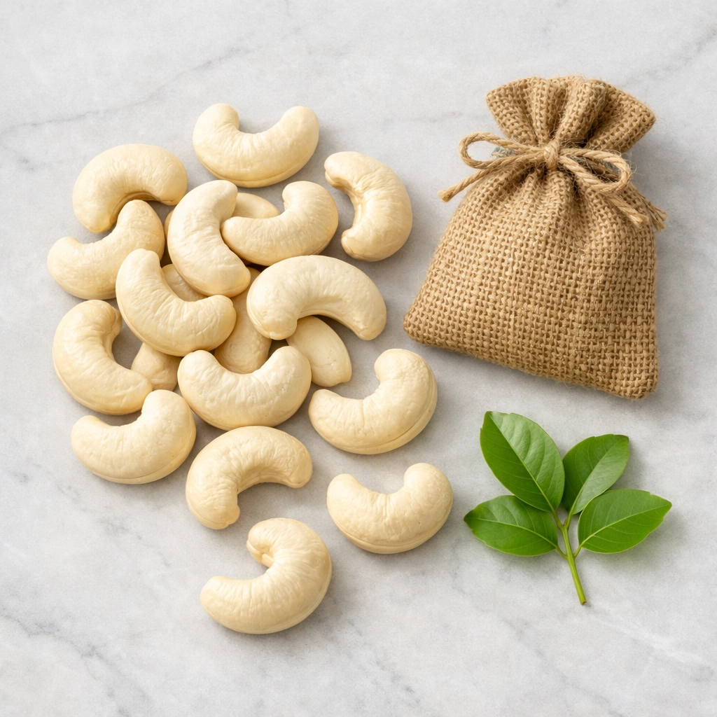 Premium W180 king-size whole cashews showcasing the high grading of quality dry fruits online.