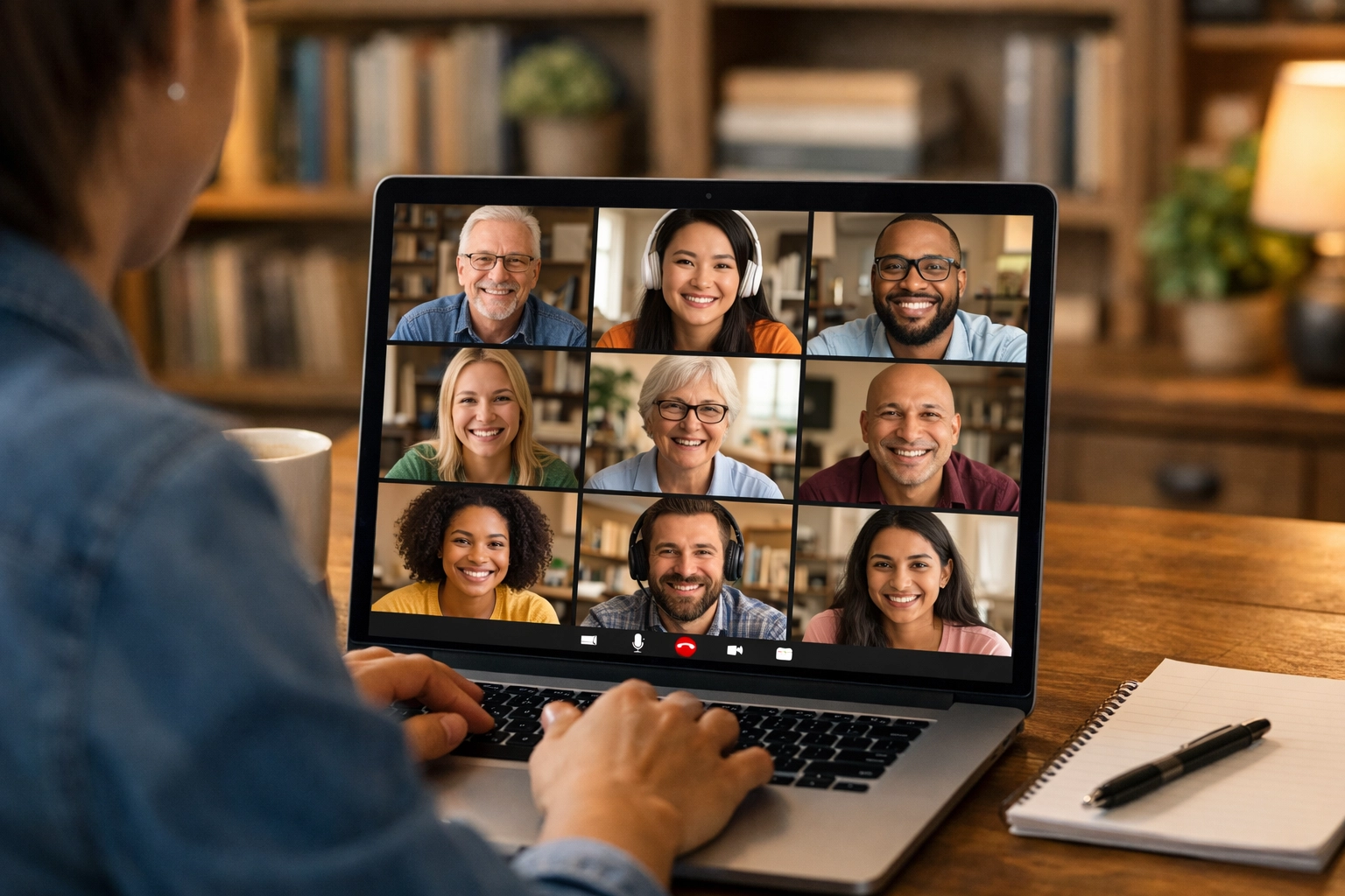 Adults in online CLEP tutoring video call showing virtual learning support (1x1, center safe zone)