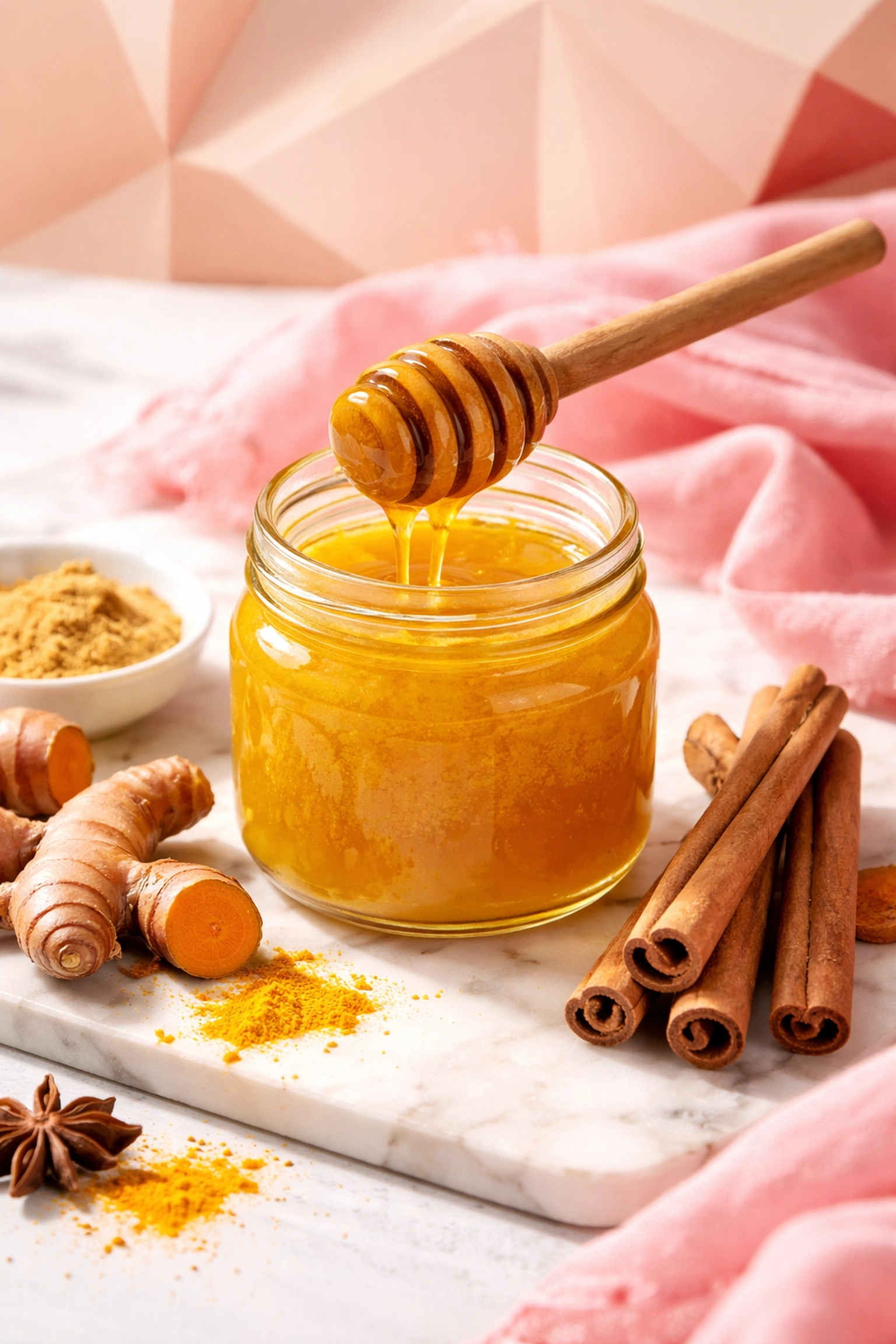 Glass jar of homemade golden turmeric honey surrounded by spices, perfect for boosting immunity and soothing sore throats.