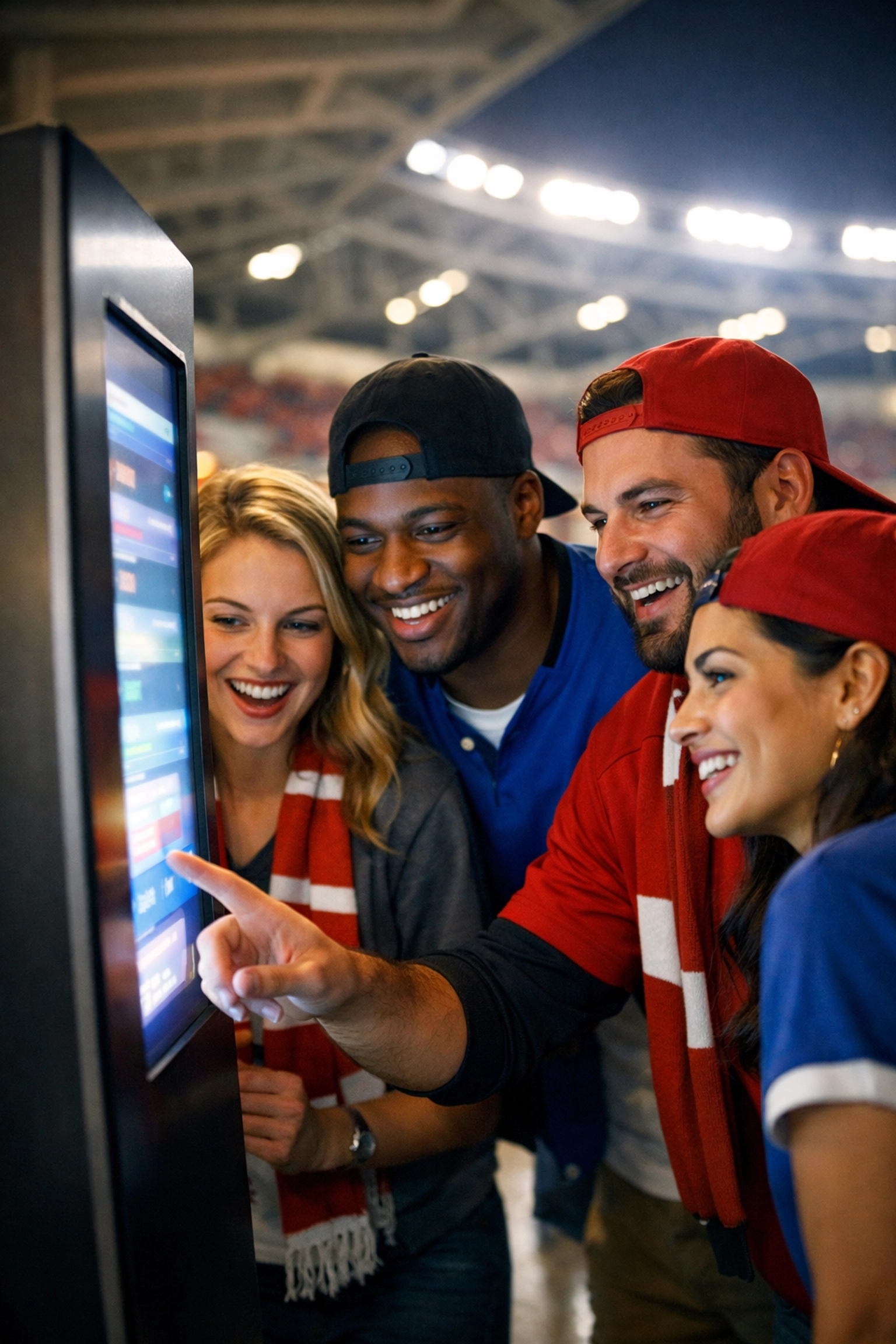 Sports fans engage with an interactive digital totem in a stadium concourse, highlighting modern brand experiences.