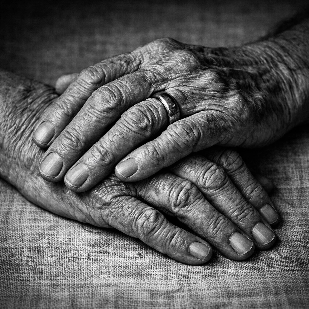 Joined elderly hands representing spousal asset protection and professional elder law services in Maryland.