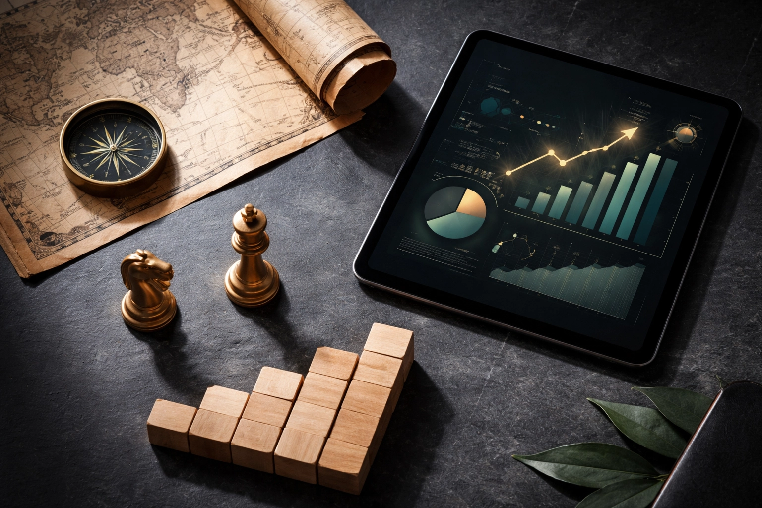 Strategic financial planning scene with compass, world map, chess pieces, and data tablet for wealth building