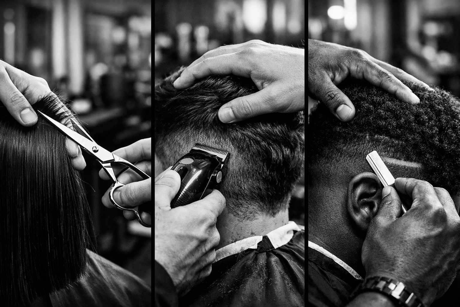 Barber students practicing cuts on straight, wavy, and coily hair textures
