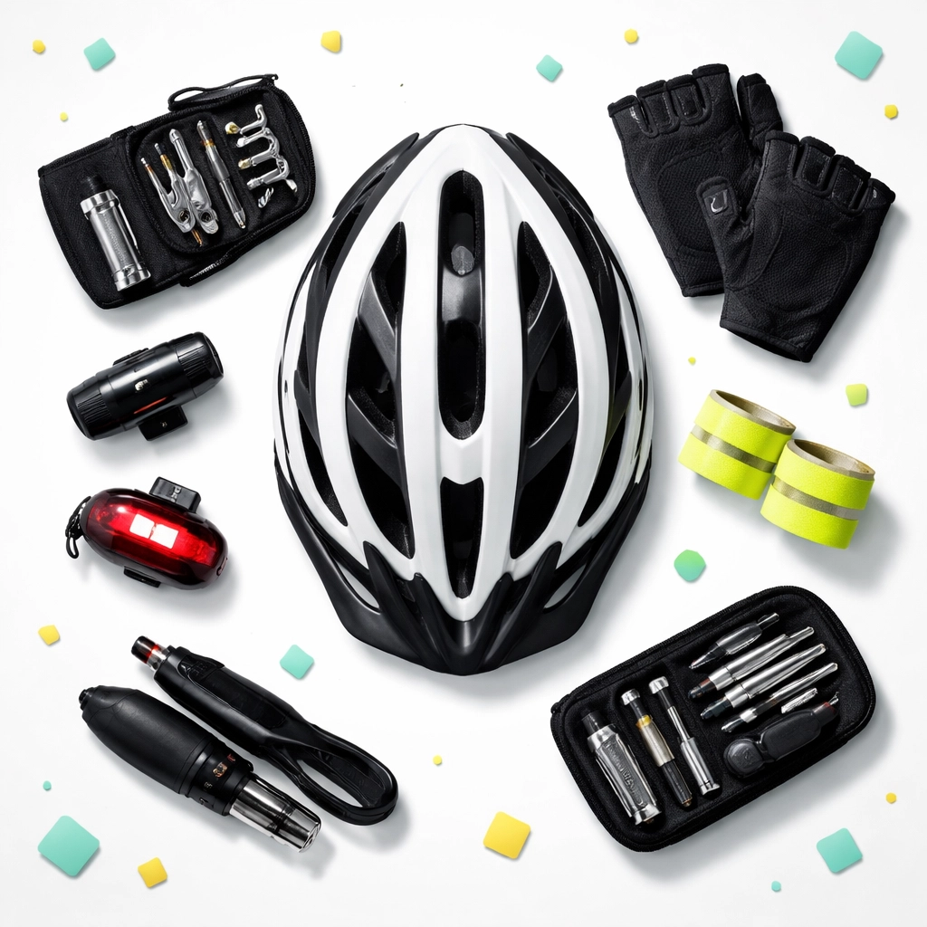 Overhead view of essential cycling accessories like helmet, lights, gloves, and repair kit, highlighting cycling clearance value