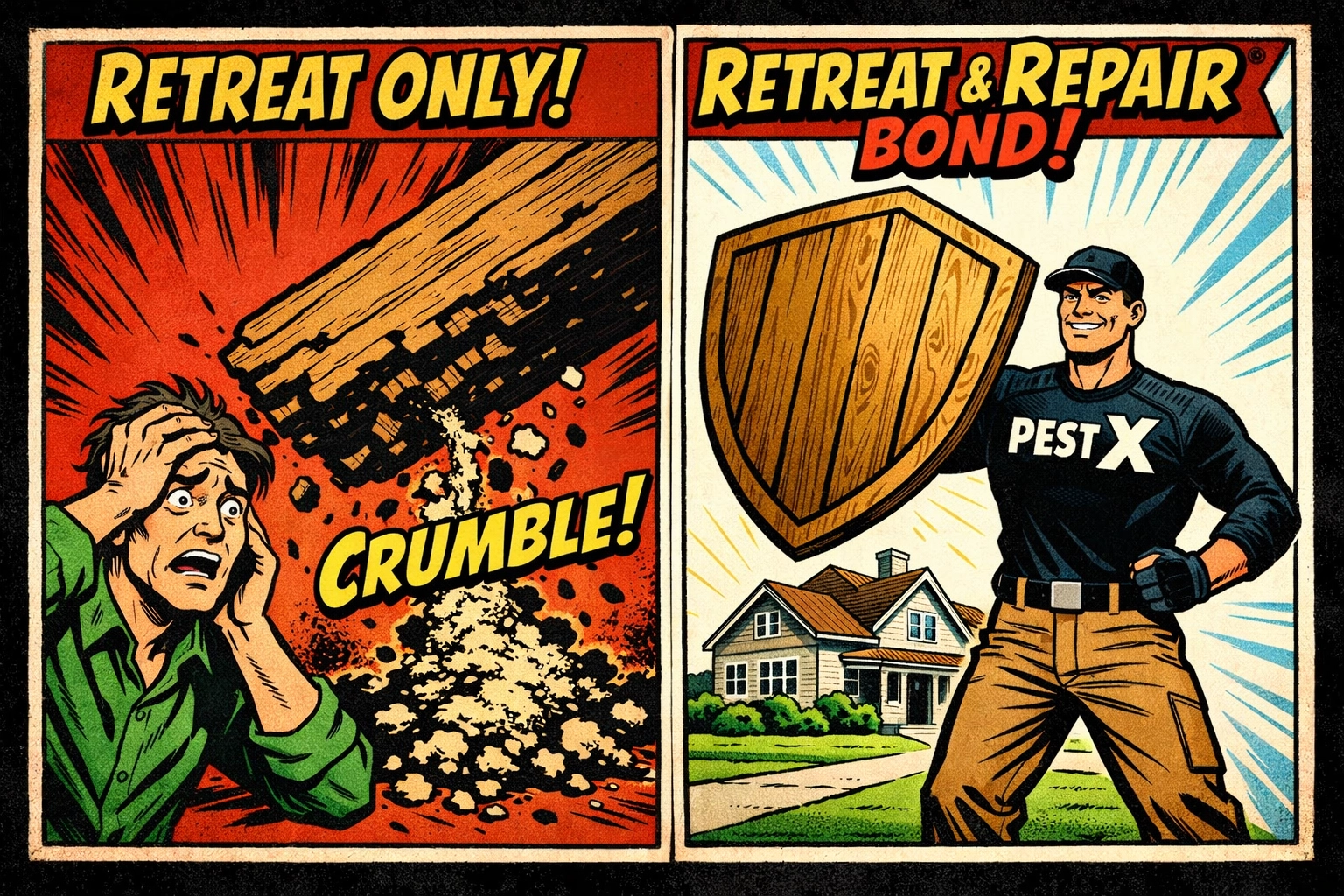 Comparing a retreat-only bond versus a comprehensive retreat and repair termite bond for Alabama homes.