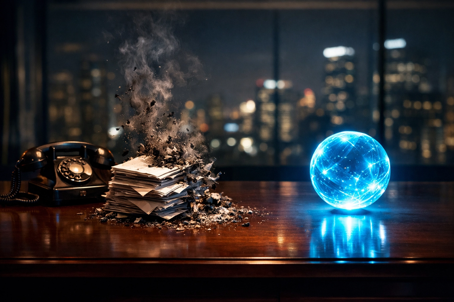 A modern office desk showing the transition from traditional phone services to efficient AI voice agents.