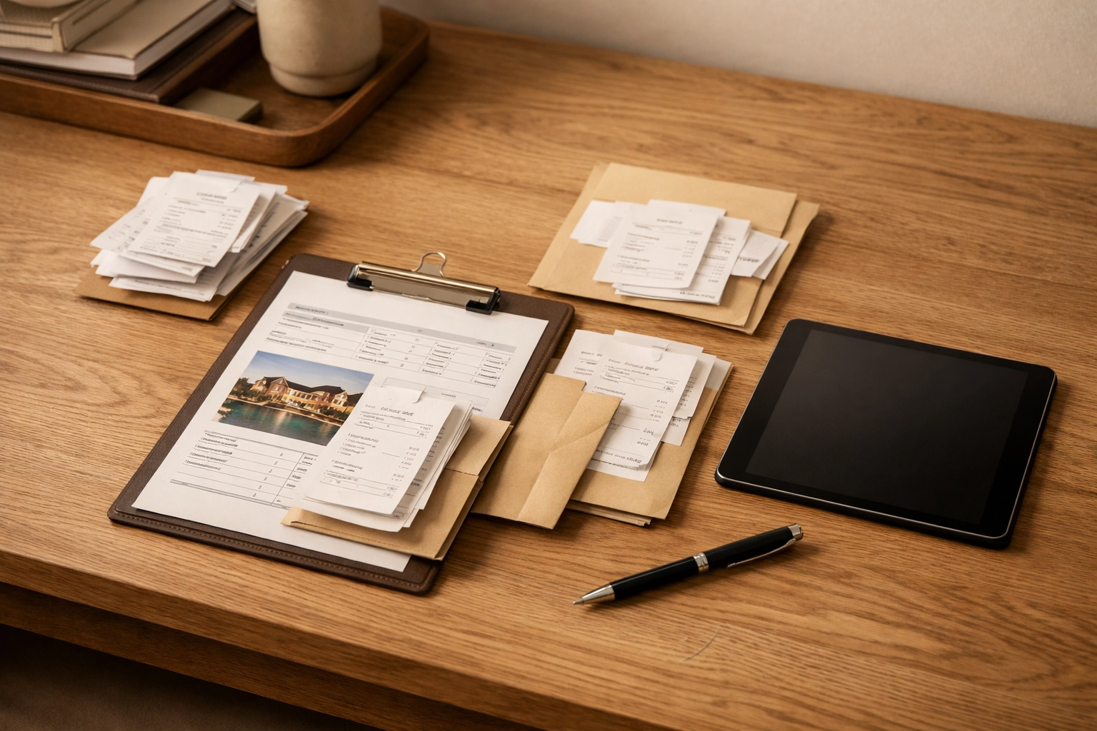 Organized business receipts, invoices, and expense documents spread across an oak desk in a professional office to illustrate accurate QuickBooks Online expense categorization.