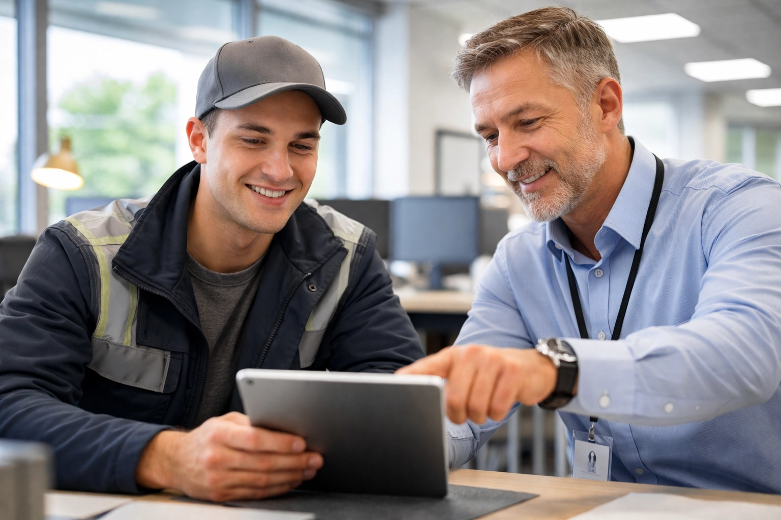 Two men reviewing tablet data in a modern office setting, emphasizing driver training and support in fleet management.