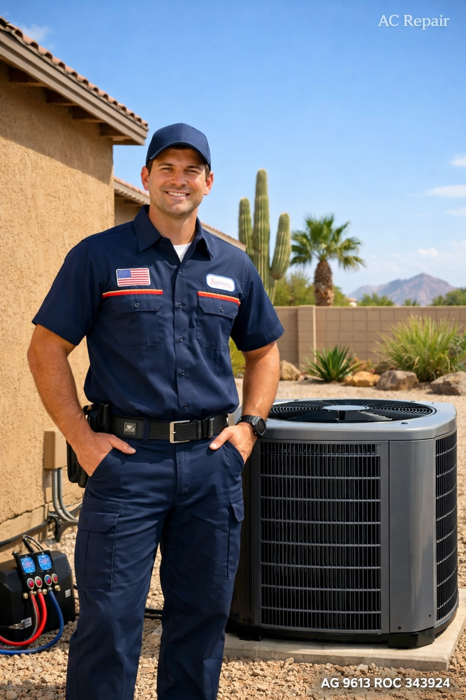 Professional technician providing AC repair in Mesa AZ next to an outdoor residential cooling unit.