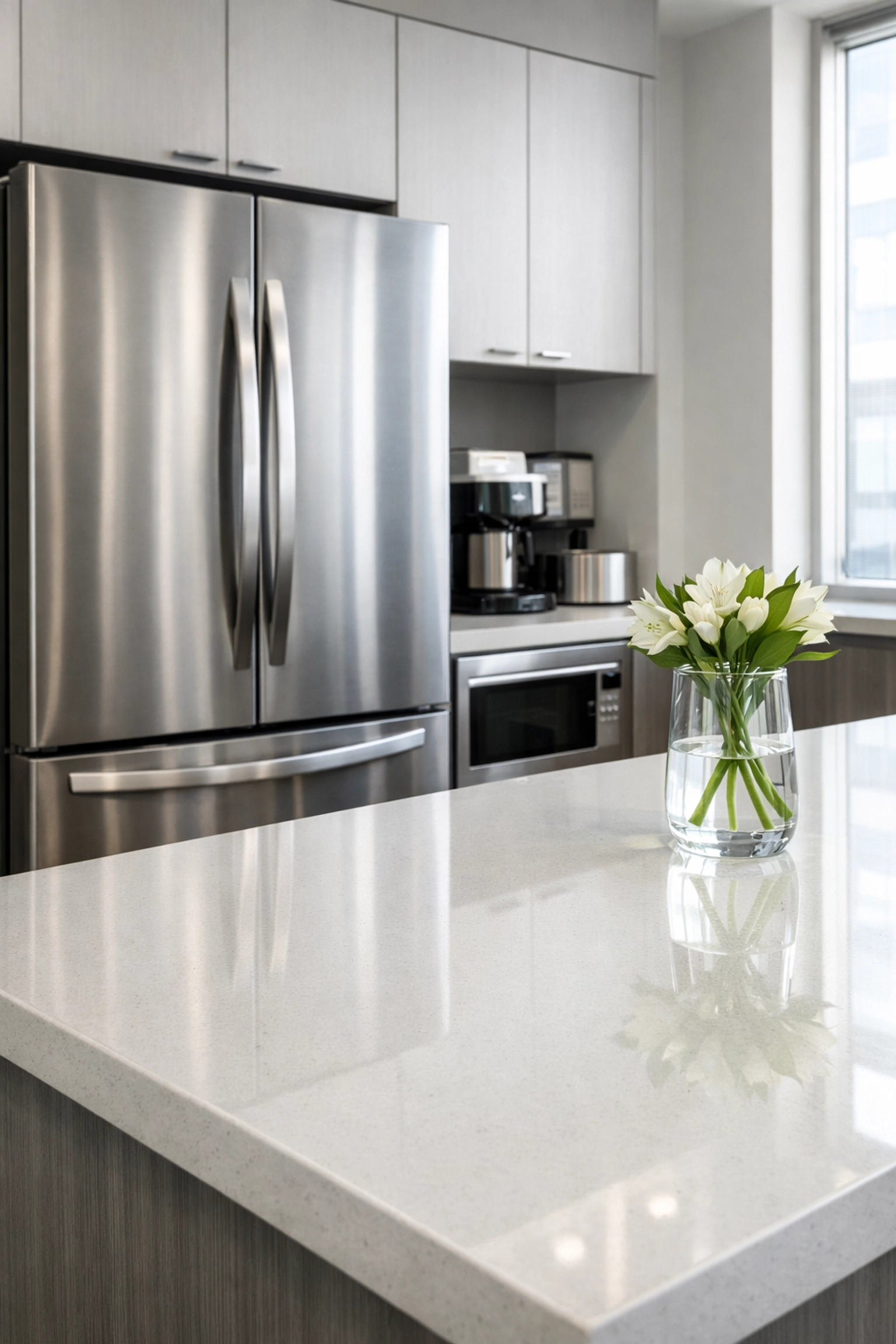 Pristine office breakroom kitchen in a Chicago commercial building after a professional deep clean.