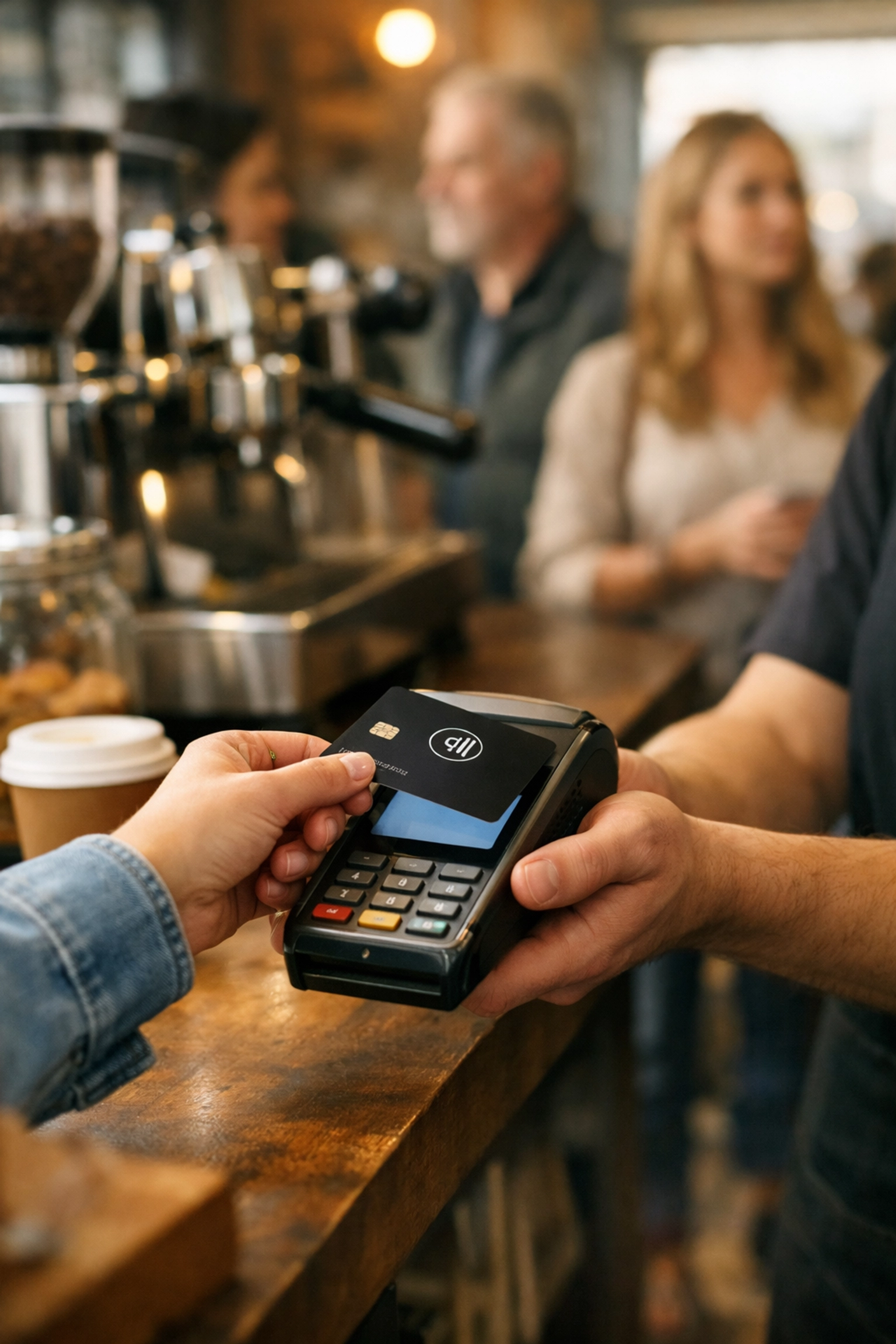 Barista processing contactless payment on POS card reader in busy coffee shop