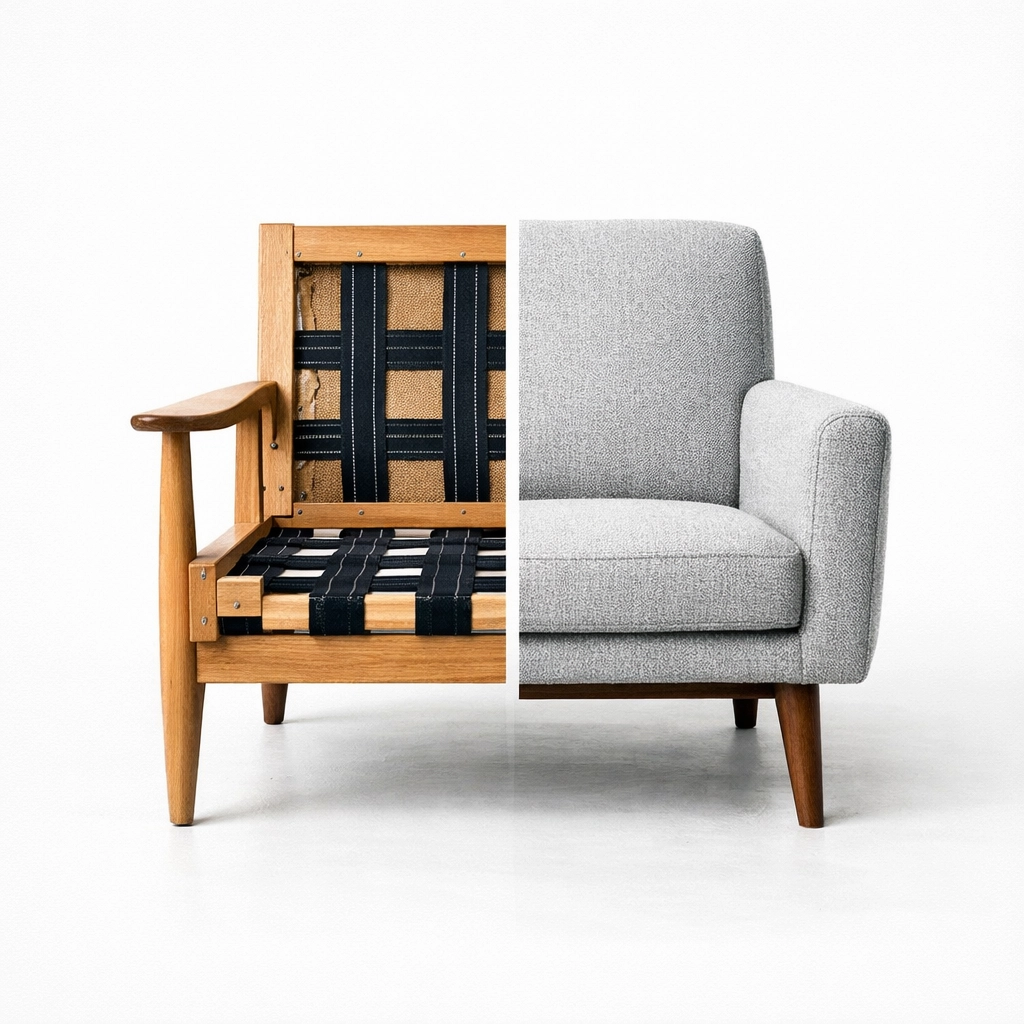 Mid-century armchair restoration showing the internal frame and high-quality grey fabric upholstery.