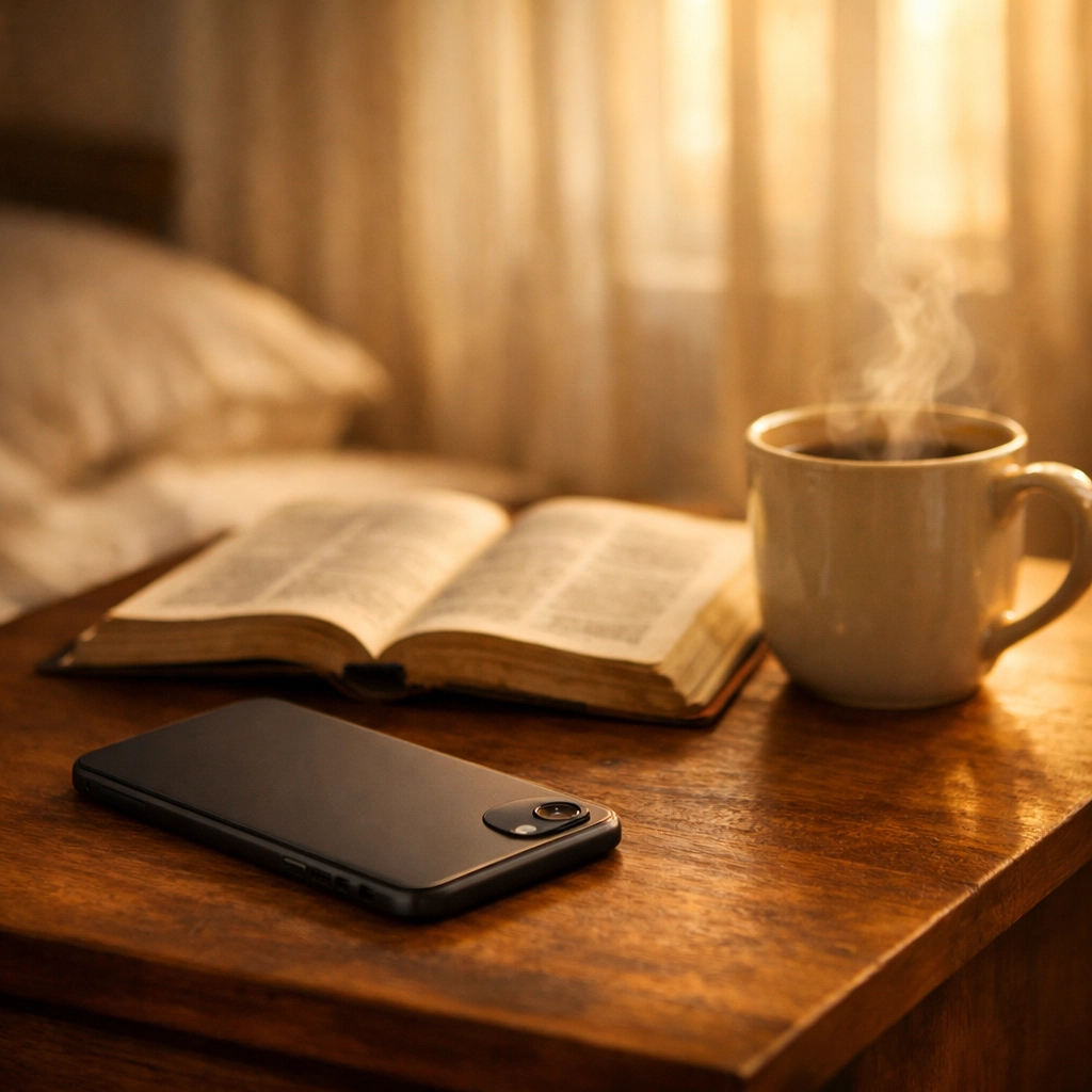 Smartphone face-down next to Bible and coffee for peaceful morning routine without news