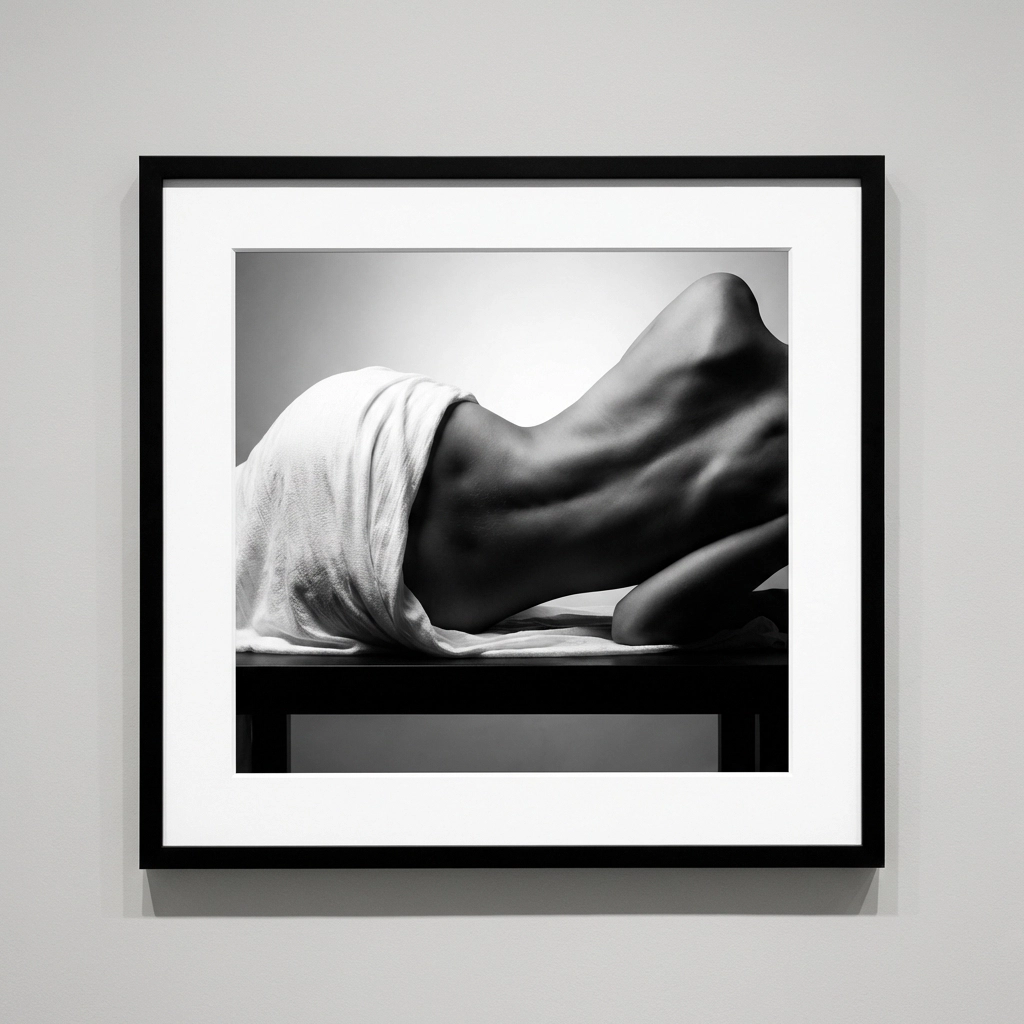 Monochrome fine art nude photography highlighting the contrast and elegant shape of the female back.