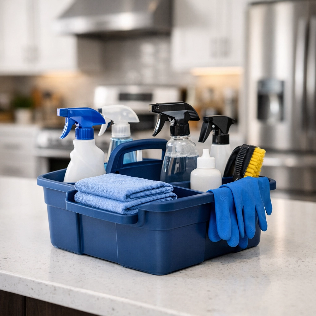 Professional cleaning supplies used for efficient weekly house cleaning in Holliston, MA.