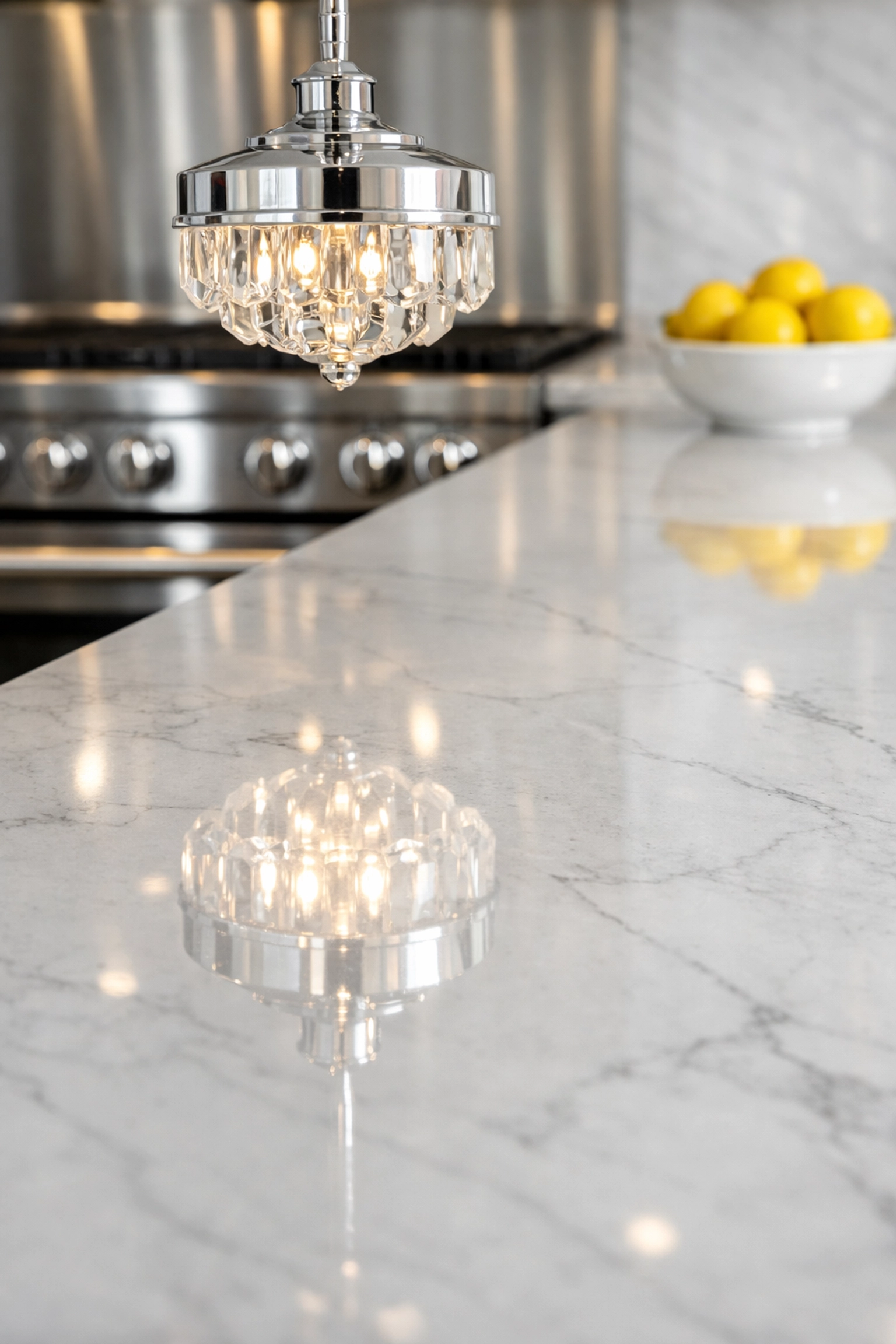 Clean white quartz kitchen island in Lexington showing the benefits of professional weekly house cleaning.