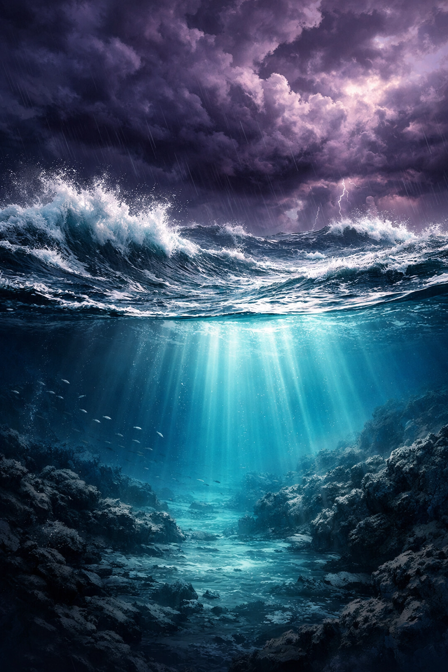 A stormy ocean surface with serene turquoise depths illustrating the window of tolerance and emotional regulation.