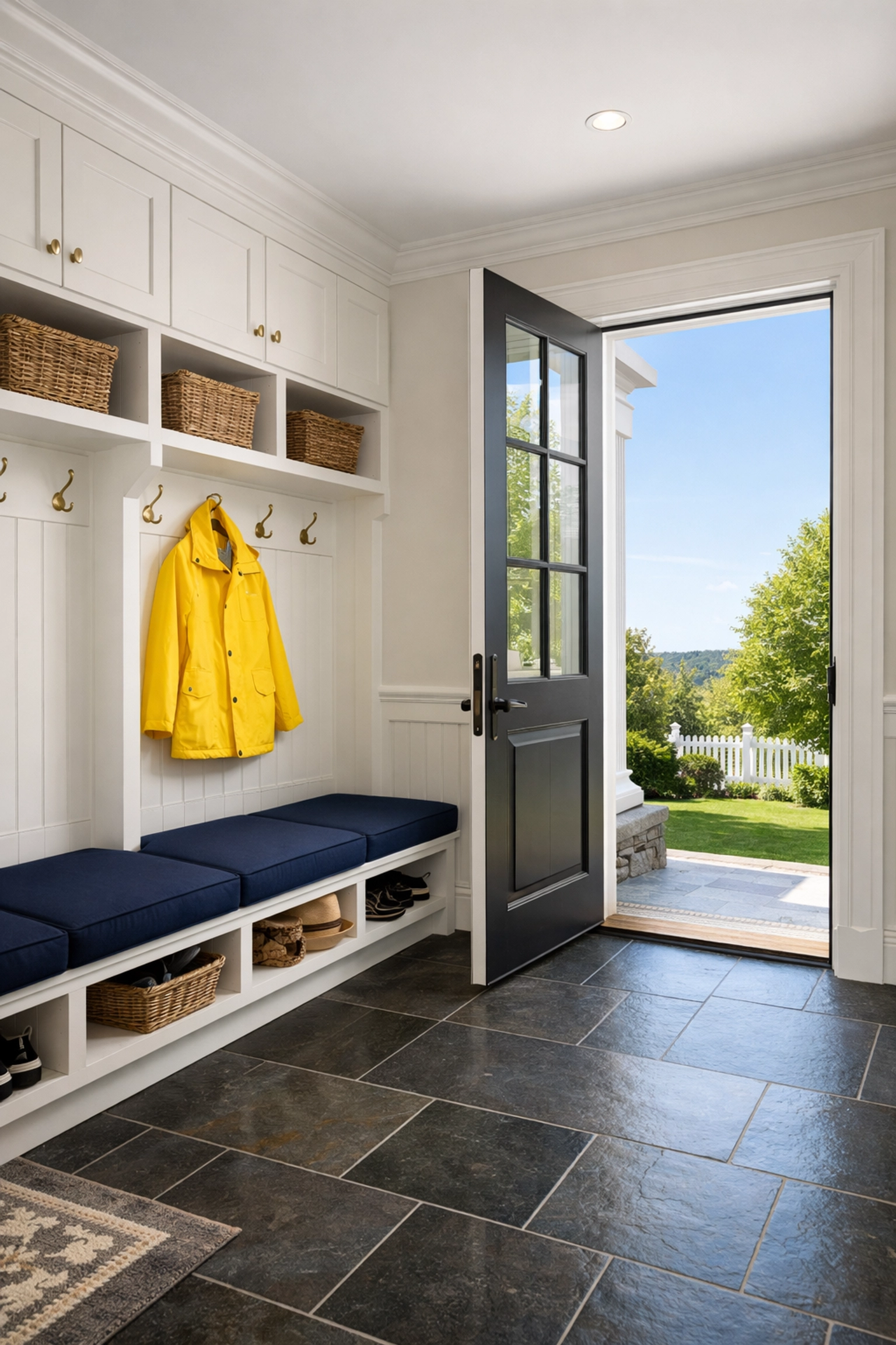 Organized New England mudroom with clean slate tiles and white cabinetry in a Lunenburg home.