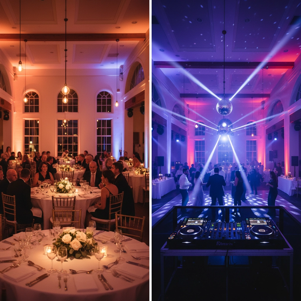 Guests seated at decorated tables on the left; dancing under disco lights with DJ setup on the right. Elegant venue with warm lighting.