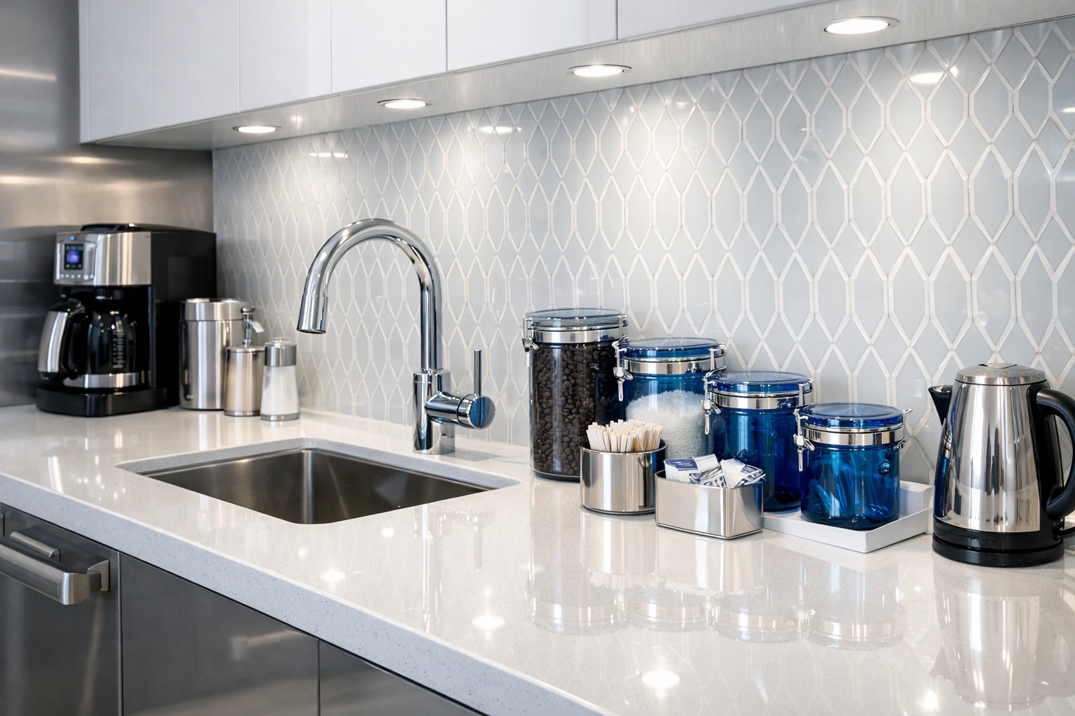 Sanitized executive breakroom with sparkling countertops cleaned by professional janitorial services.