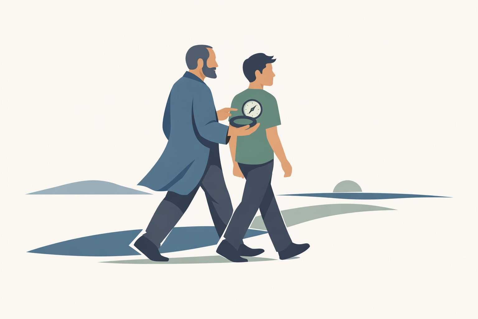 Modern illustration of an older mentor guiding a younger disciple, modeling the Jesus way of discipleship.