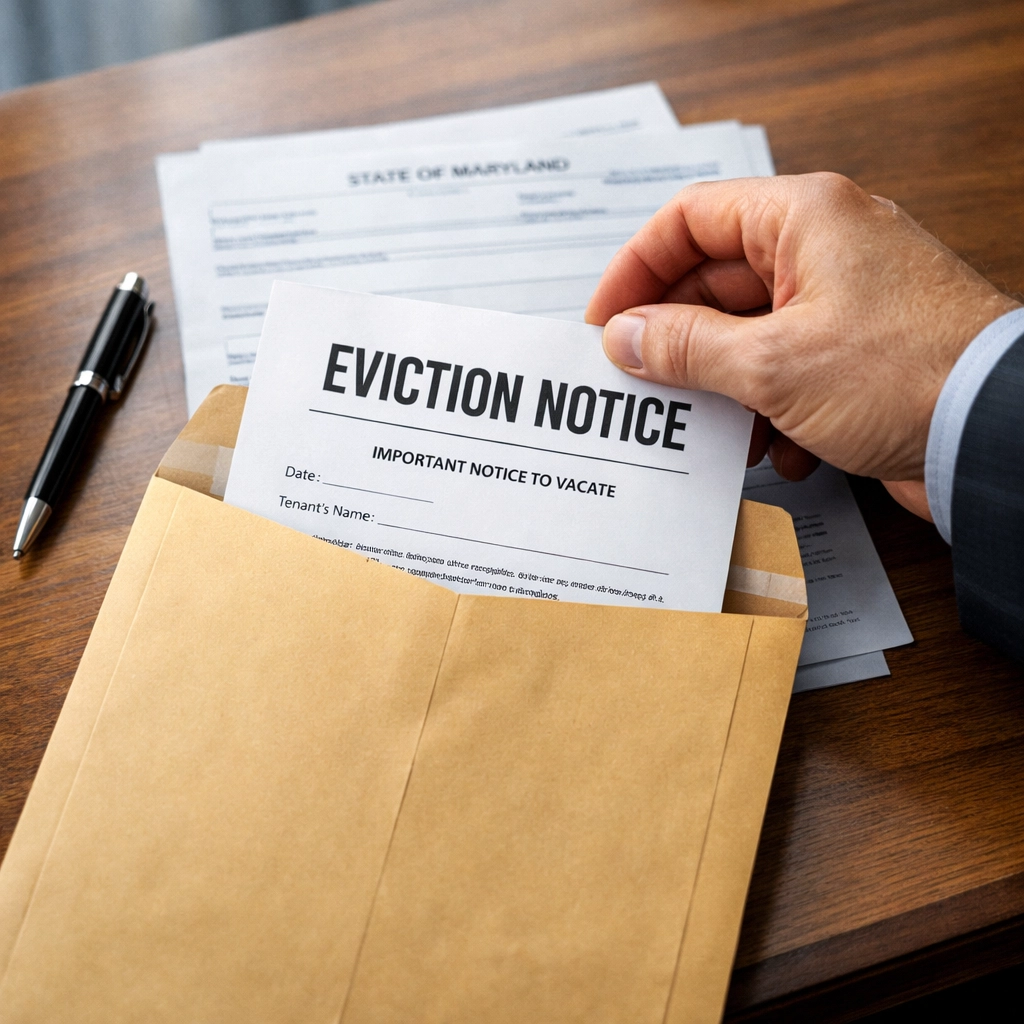 Landlord preparing written eviction notice document required under Maryland 2025 law