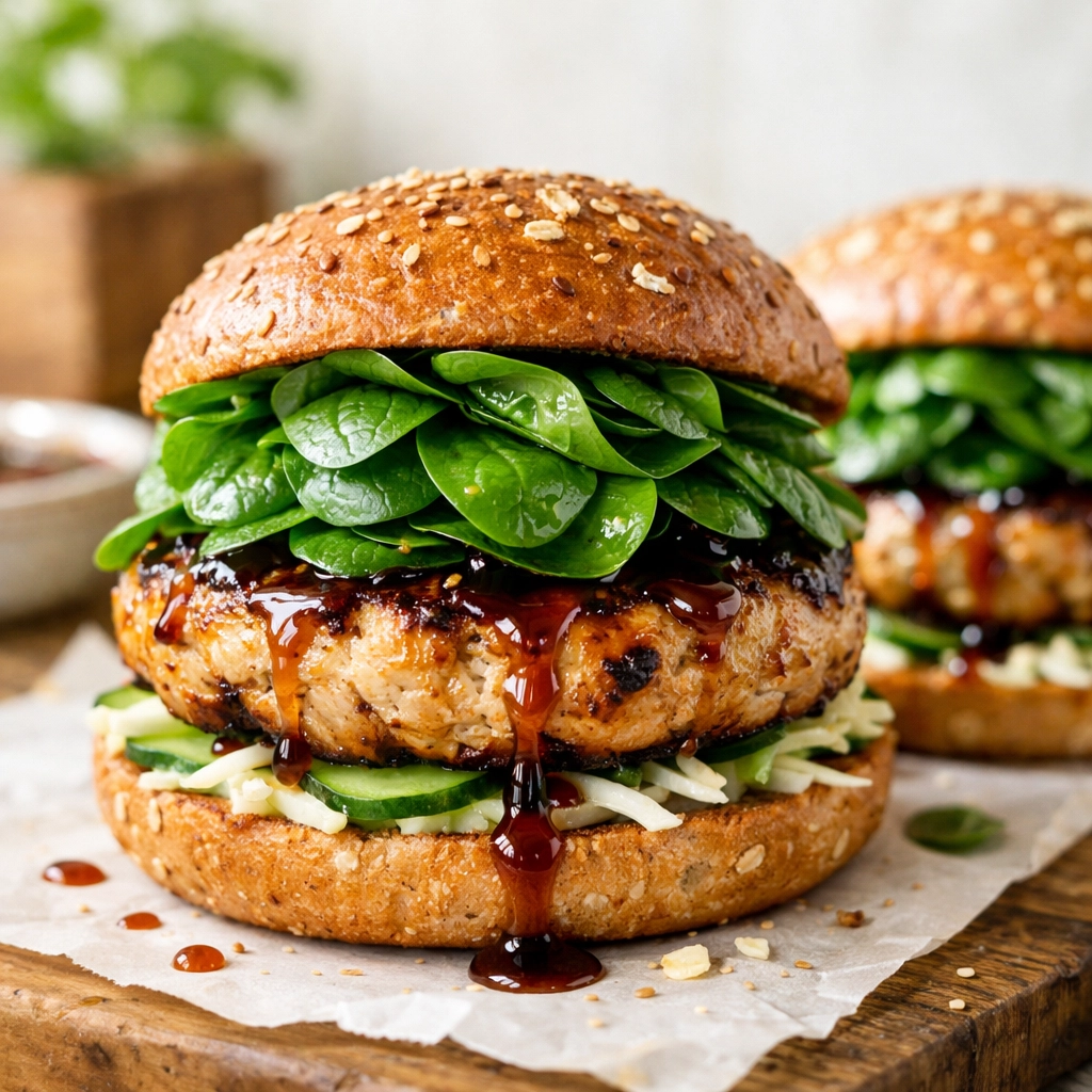 Healthy 5-ingredient ginger miso turkey burgers on whole grain buns with fresh spinach for an easy weeknight dinner.