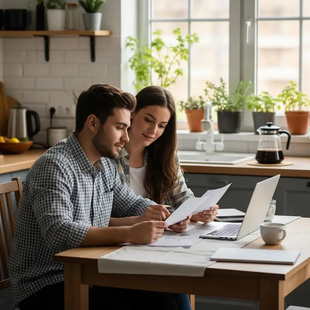 Young couple planning home purchase at kitchen table