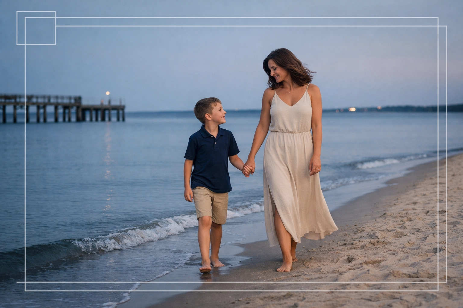 Mother and son walking on a Hampton Roads beach representing peaceful child visitation arrangements.