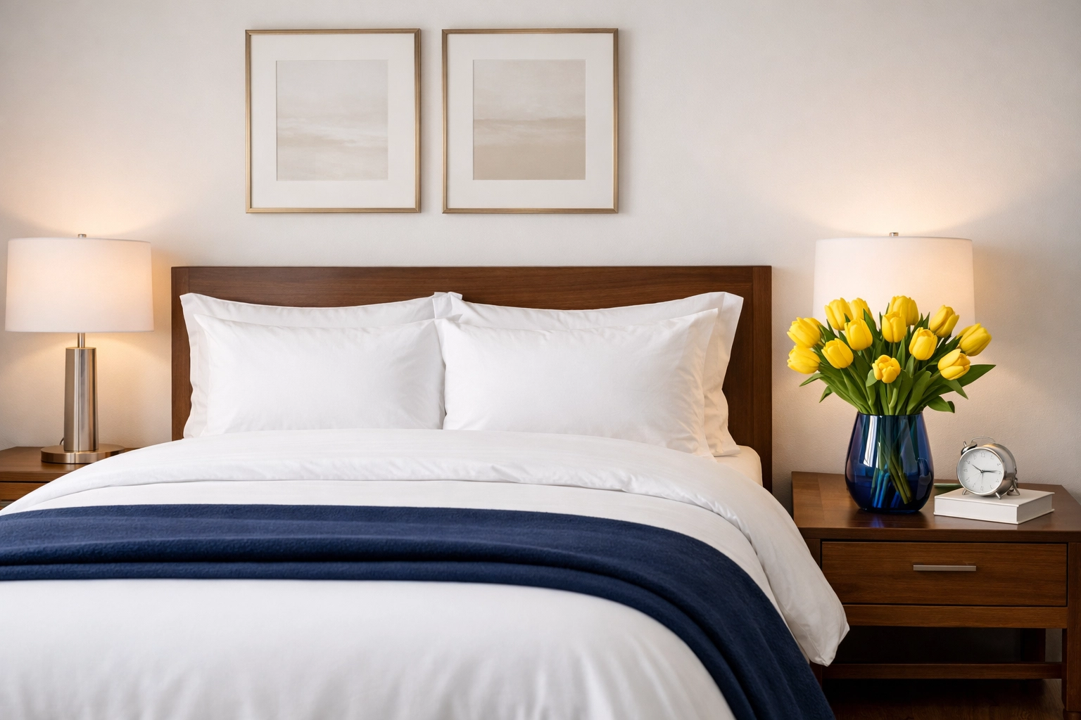 A serene, organized bedroom following professional house cleaning in Tyngsborough, MA for stress reduction.